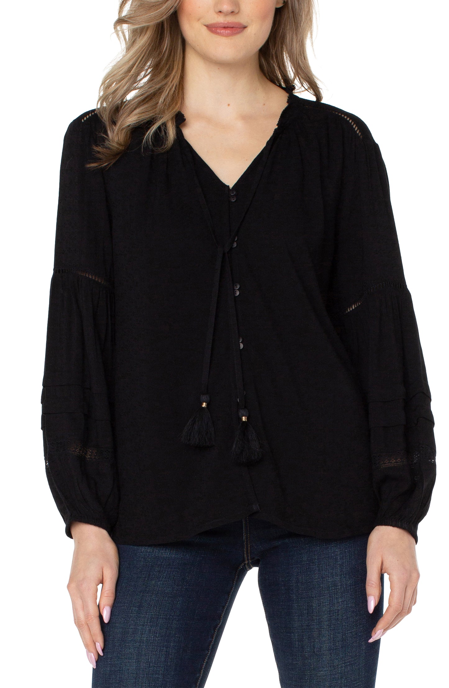 Liverpool Long Sleeve Popover Shirred Blouse (Black)