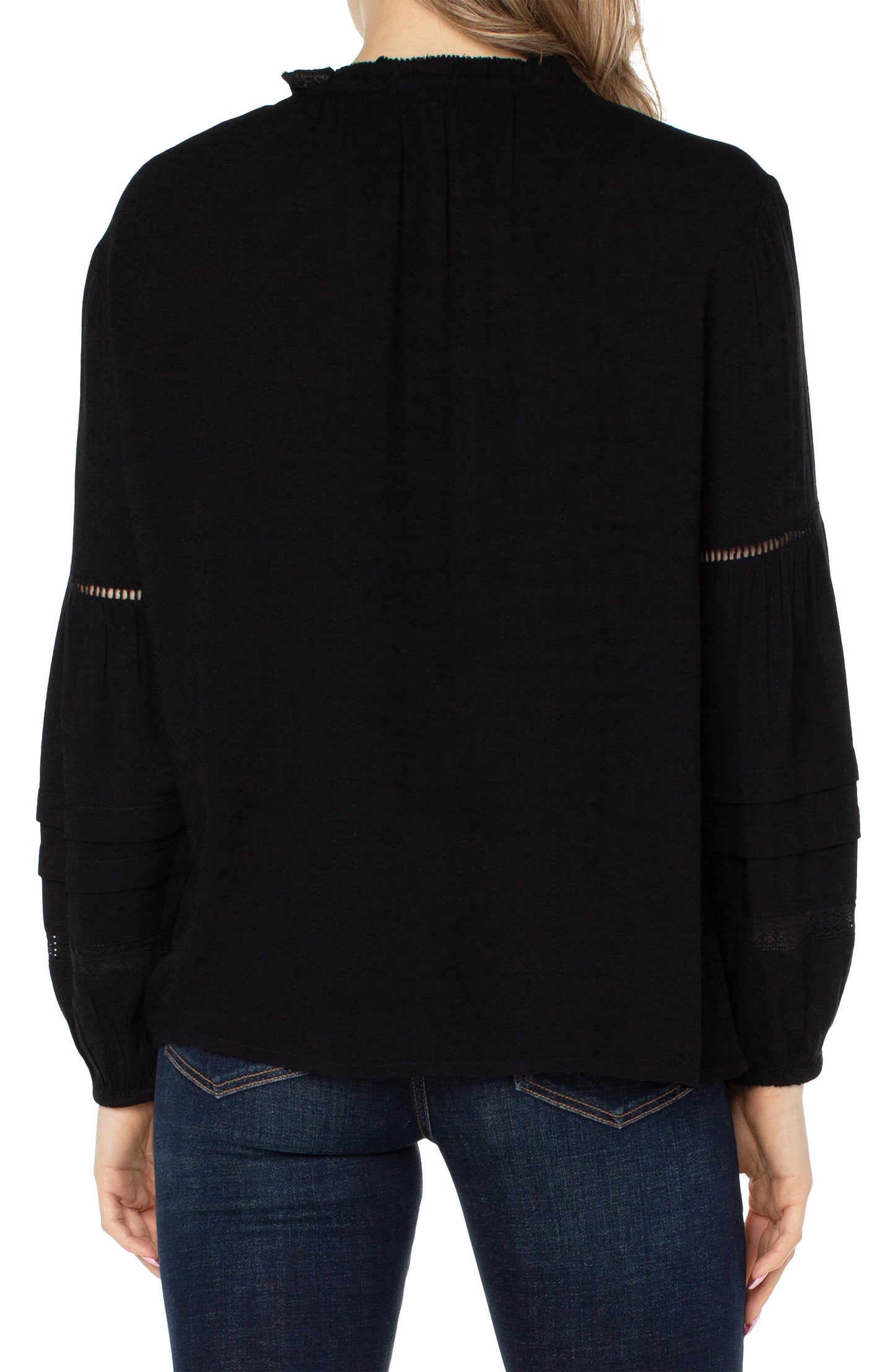 Liverpool Long Sleeve Popover Shirred Blouse (Black)