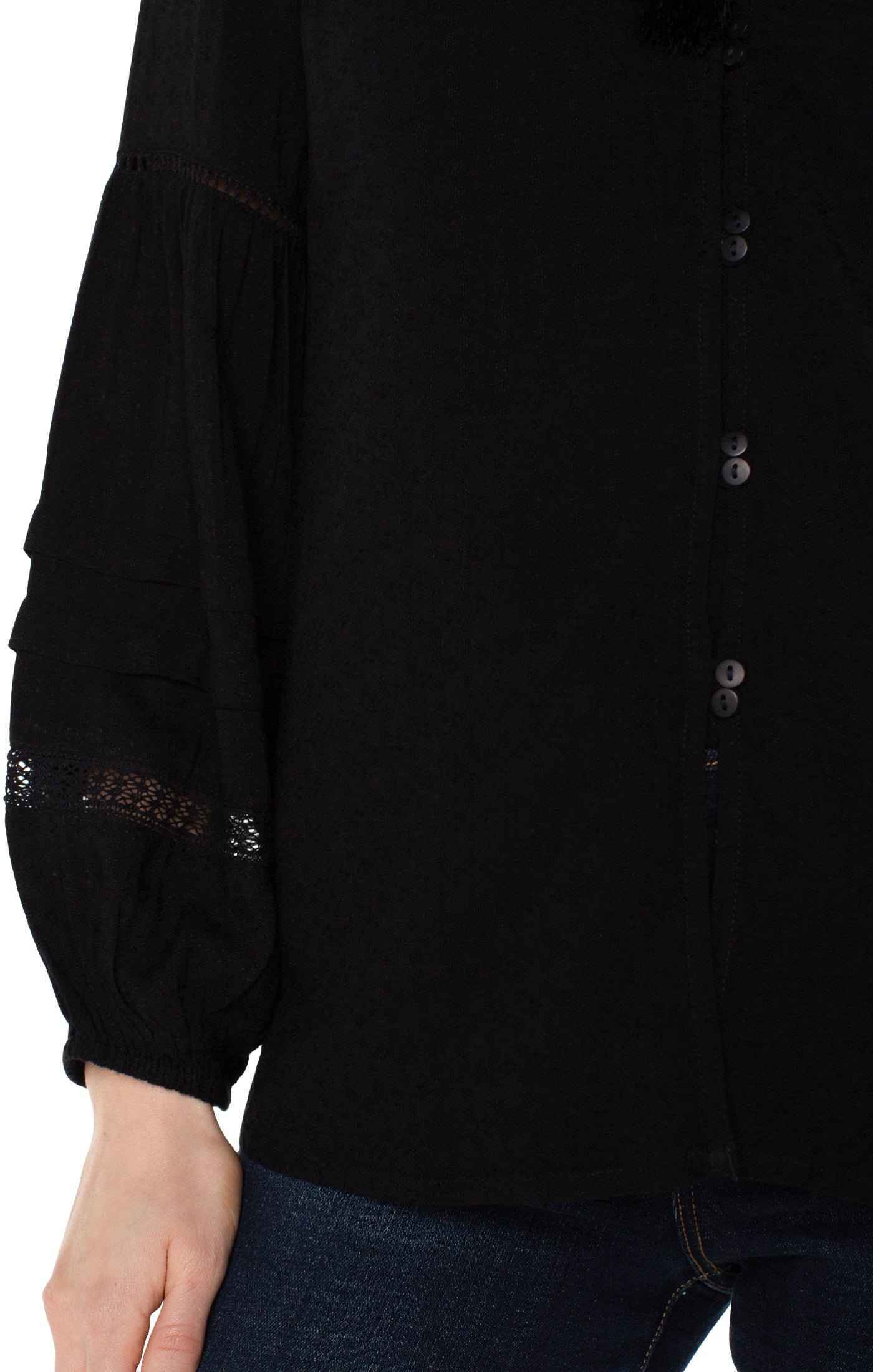 Liverpool Long Sleeve Popover Shirred Blouse (Black)