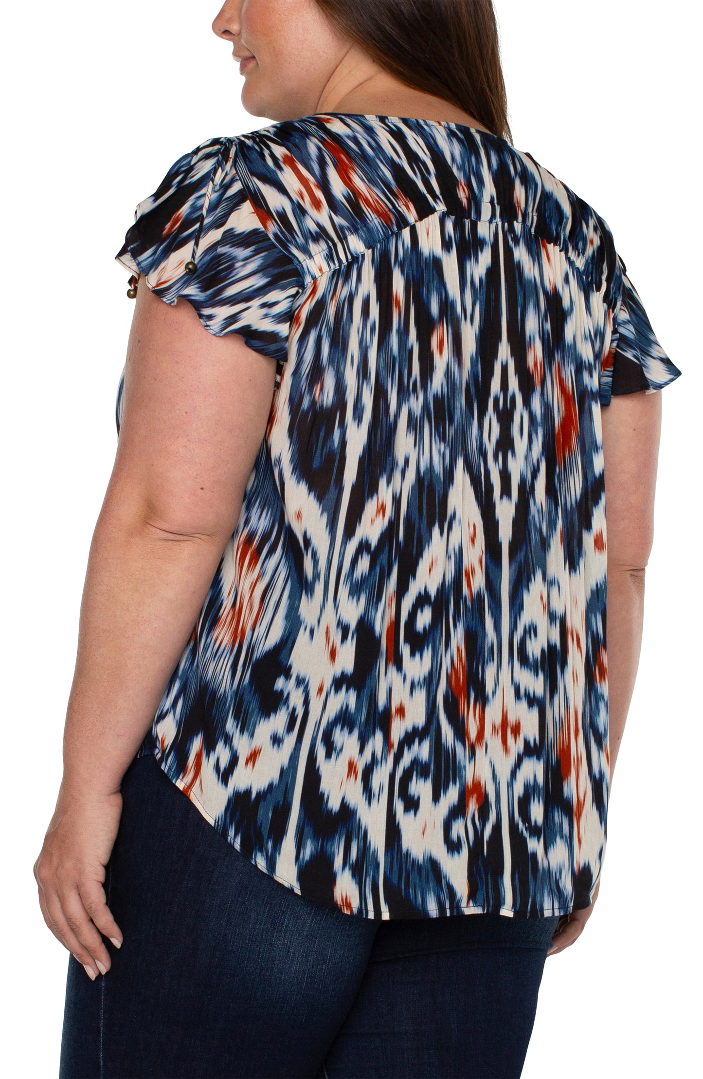 Liverpool's Shirred V-Neck Dolman Top with Tie Details (Allover Ikat)