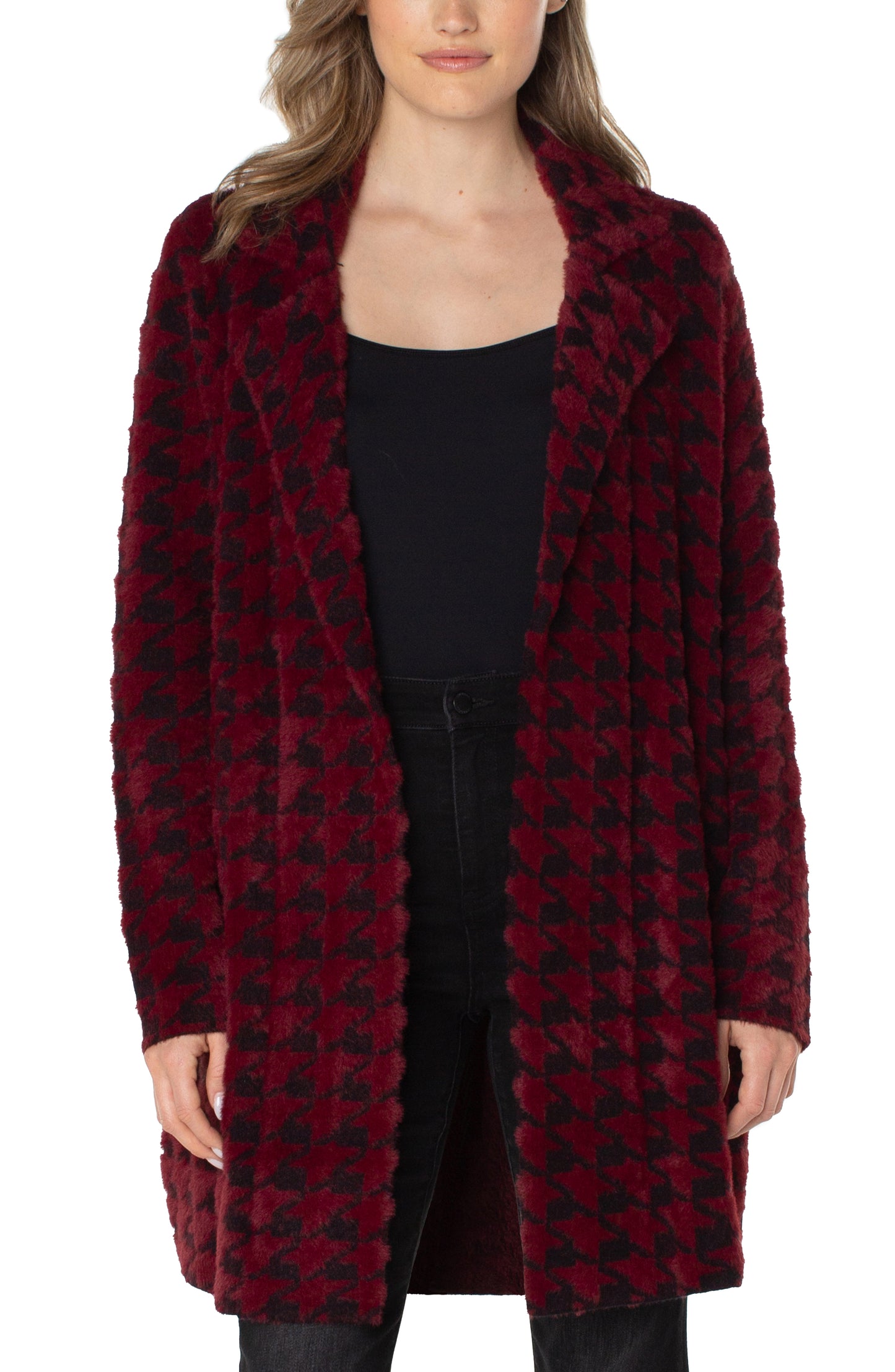 Liverpool Open Front Coatigan Sweater (Burgandy/Black Houndstooth)