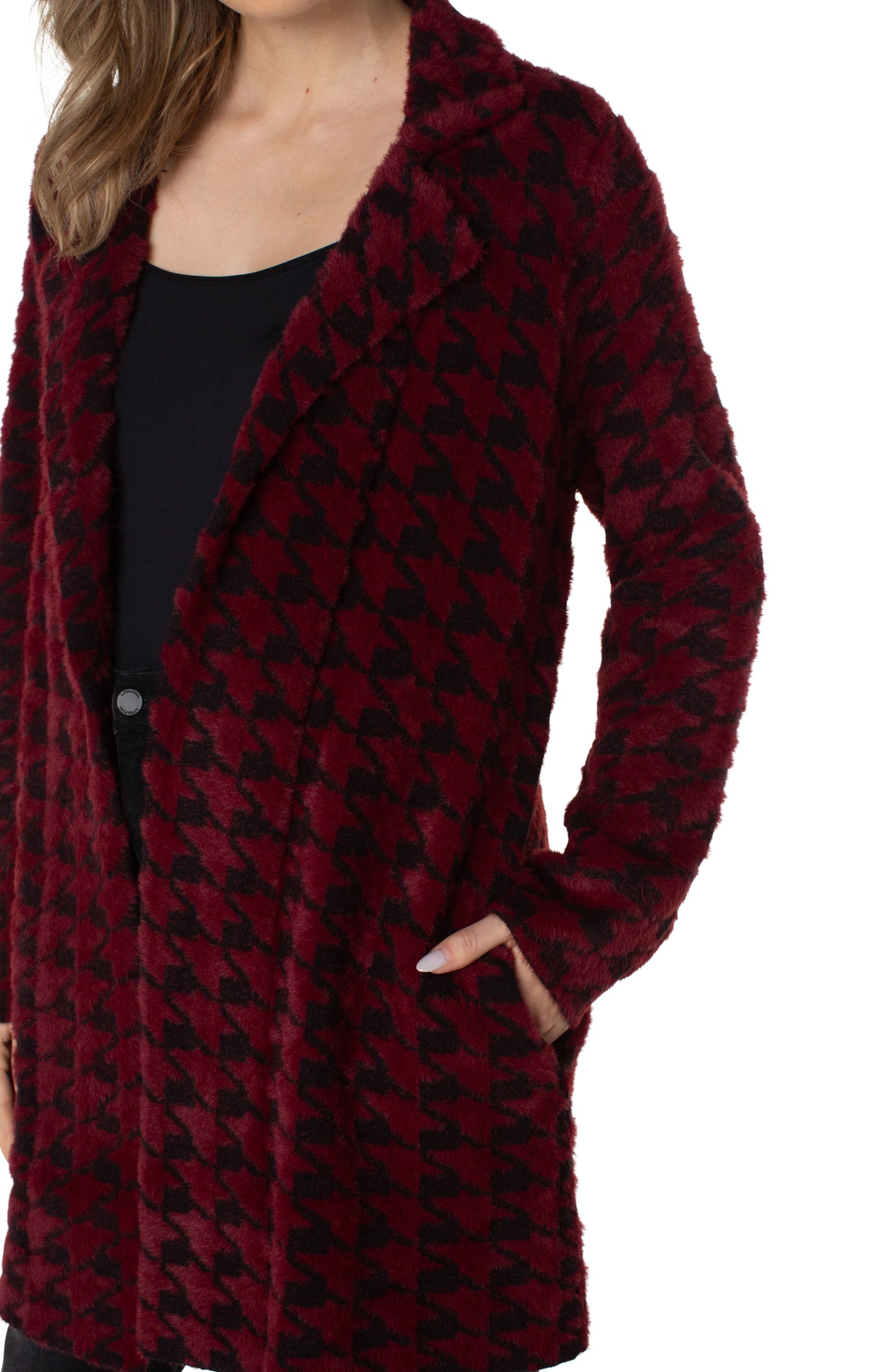 Liverpool Open Front Coatigan Sweater (Burgandy/Black Houndstooth)