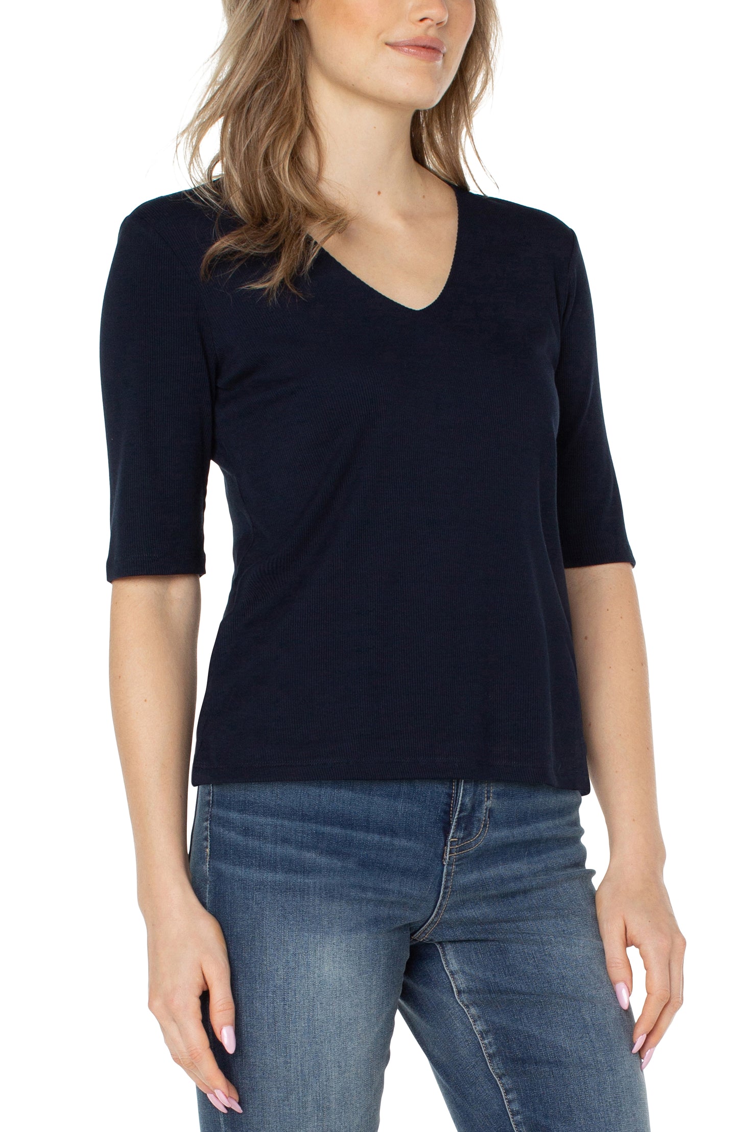 Liverpool's Double Layer V Neck 1/2 Sleeve Rib Knit Top (Solids)