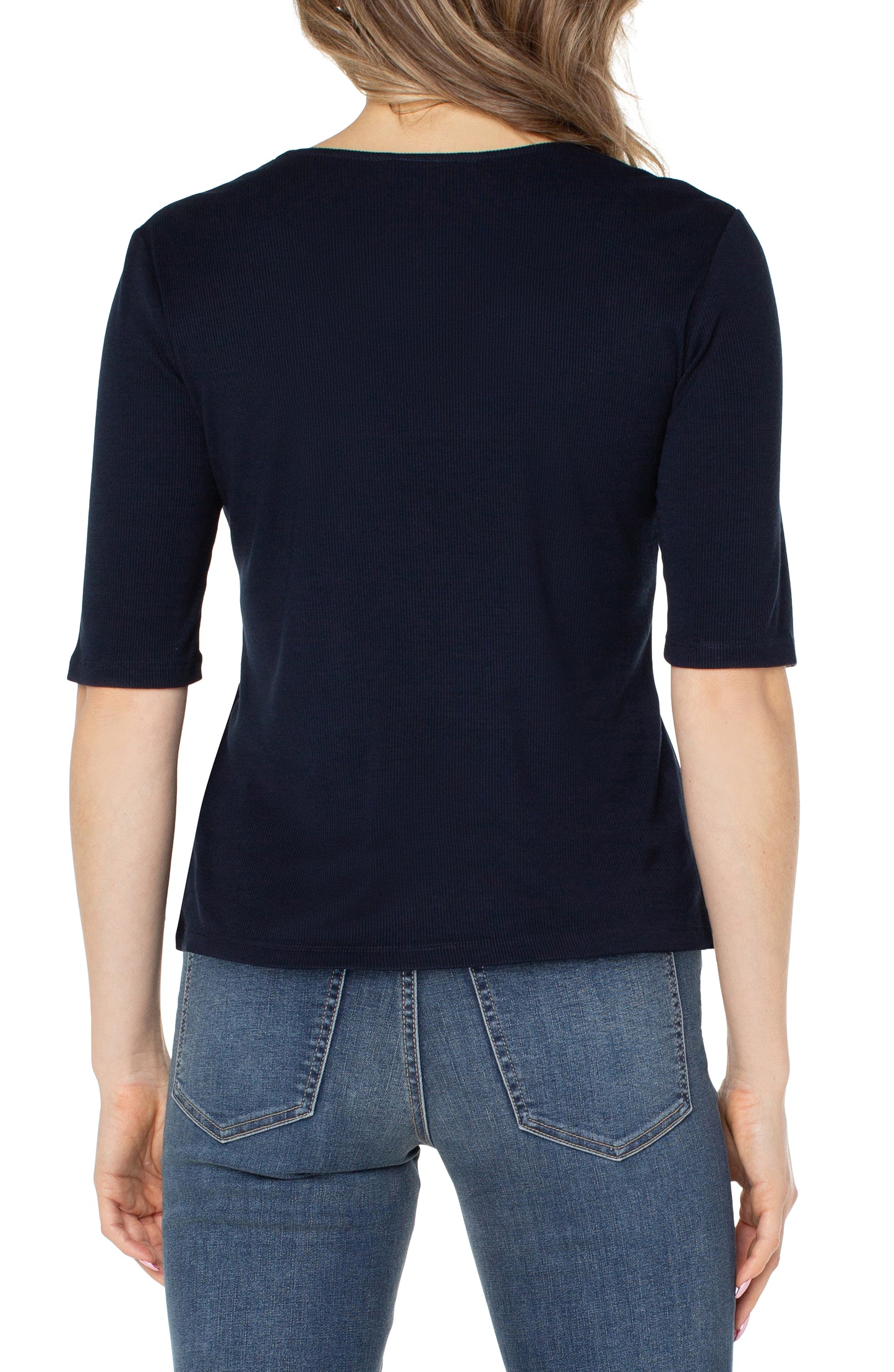 Liverpool's Double Layer V Neck 1/2 Sleeve Rib Knit Top (Solids)