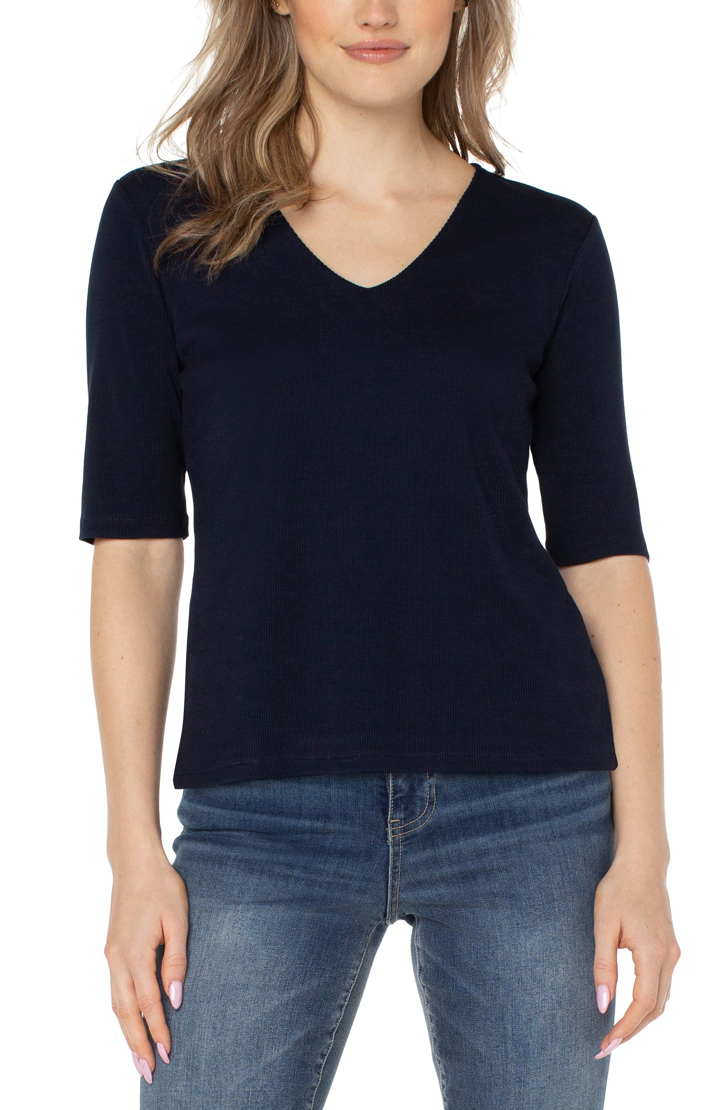 Liverpool's Double Layer V Neck 1/2 Sleeve Rib Knit Top (Solids)