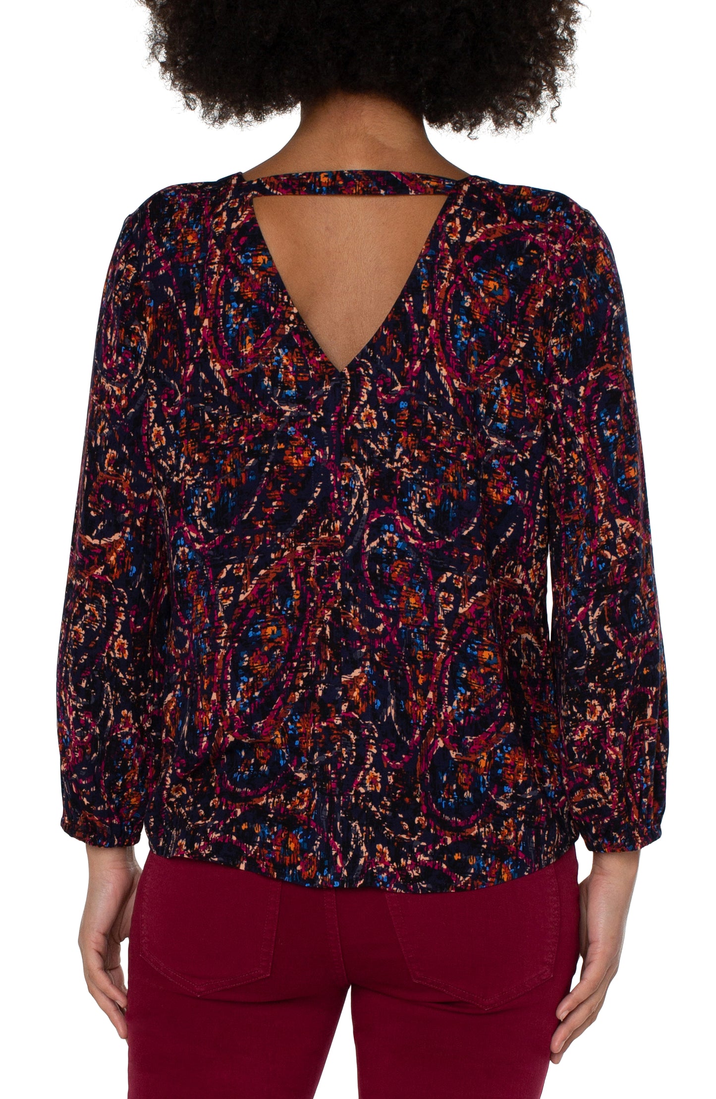 Liverpool 3/4 Sleeve Double V Neck Woven Top (batik paisley allover print)
