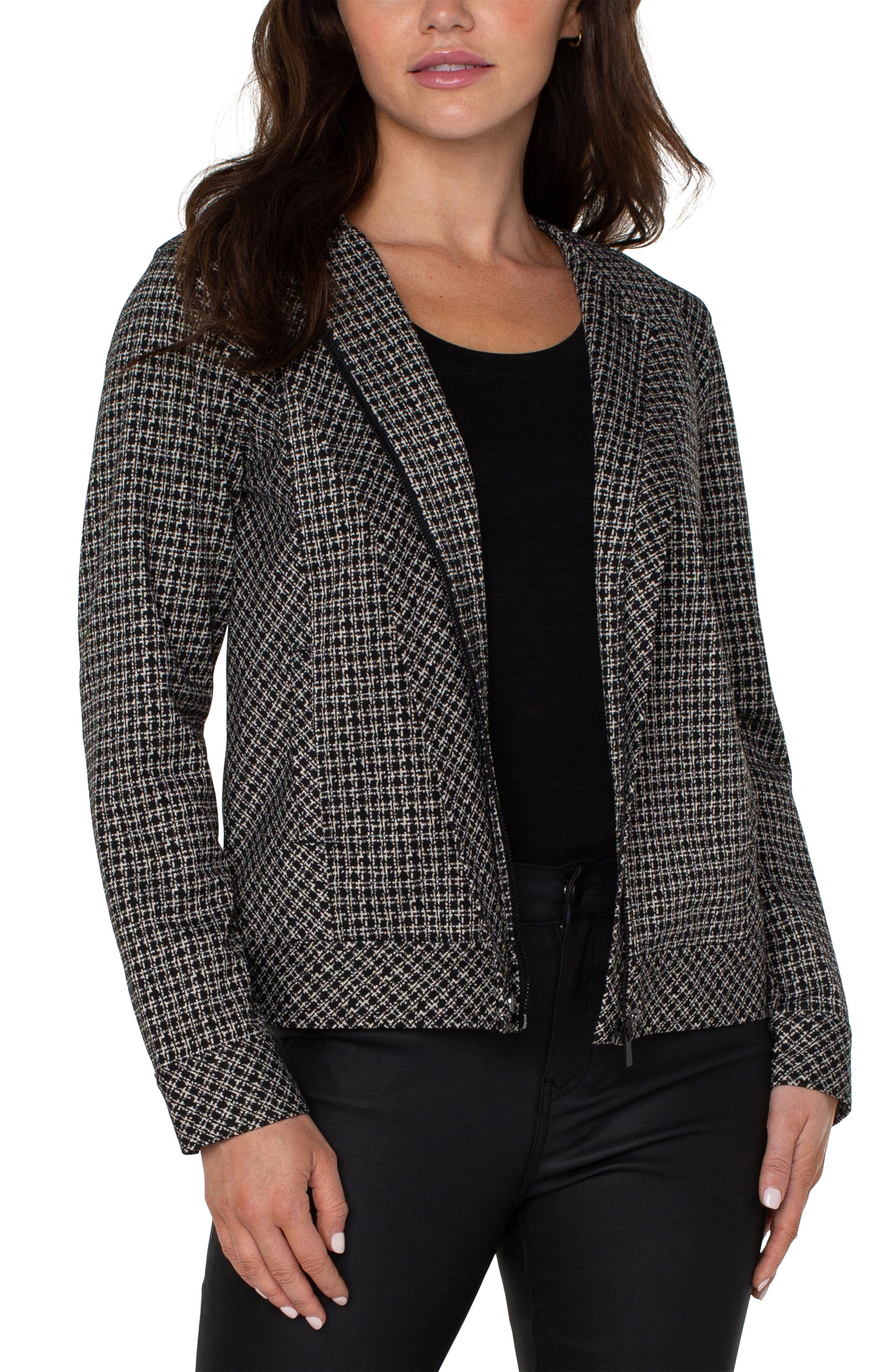 Liverpool Collarless Zip Up Jacket (black/tan lattice print)
