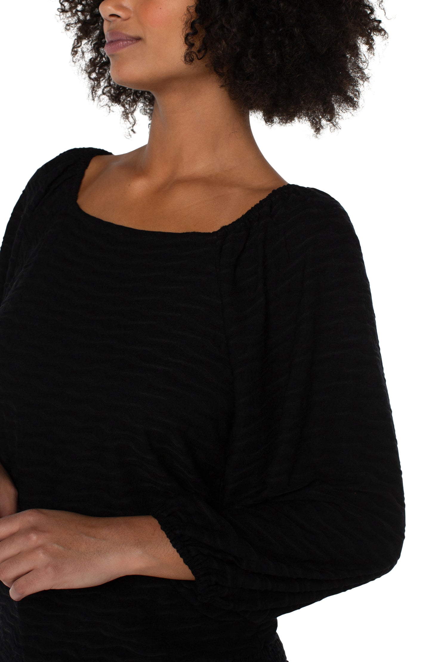 Liverpool 3/4 Puff Sleeve Square Neck Knit Top w/Smocking (Black)