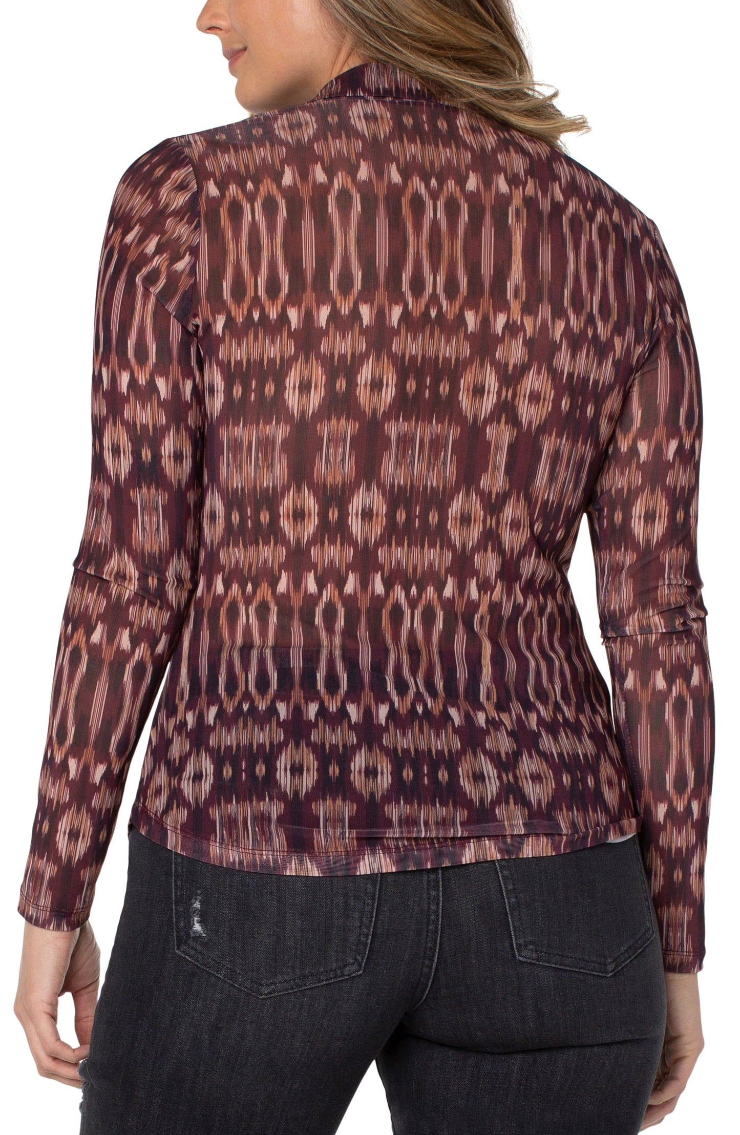 Liverpool Long Sleeve Pring Mesh Button Front Knit (Burgandy IKAT)