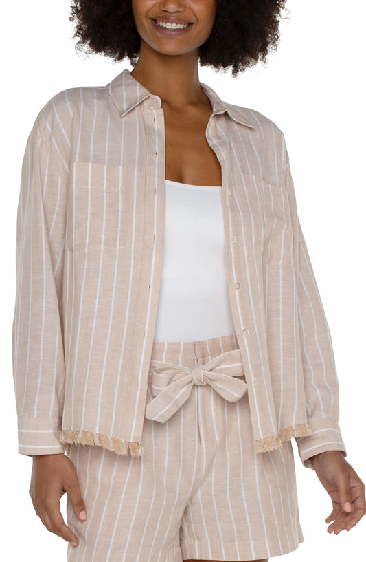 Liverpool Cropped Button Front Shirt with Fray (Tan with Stripe)