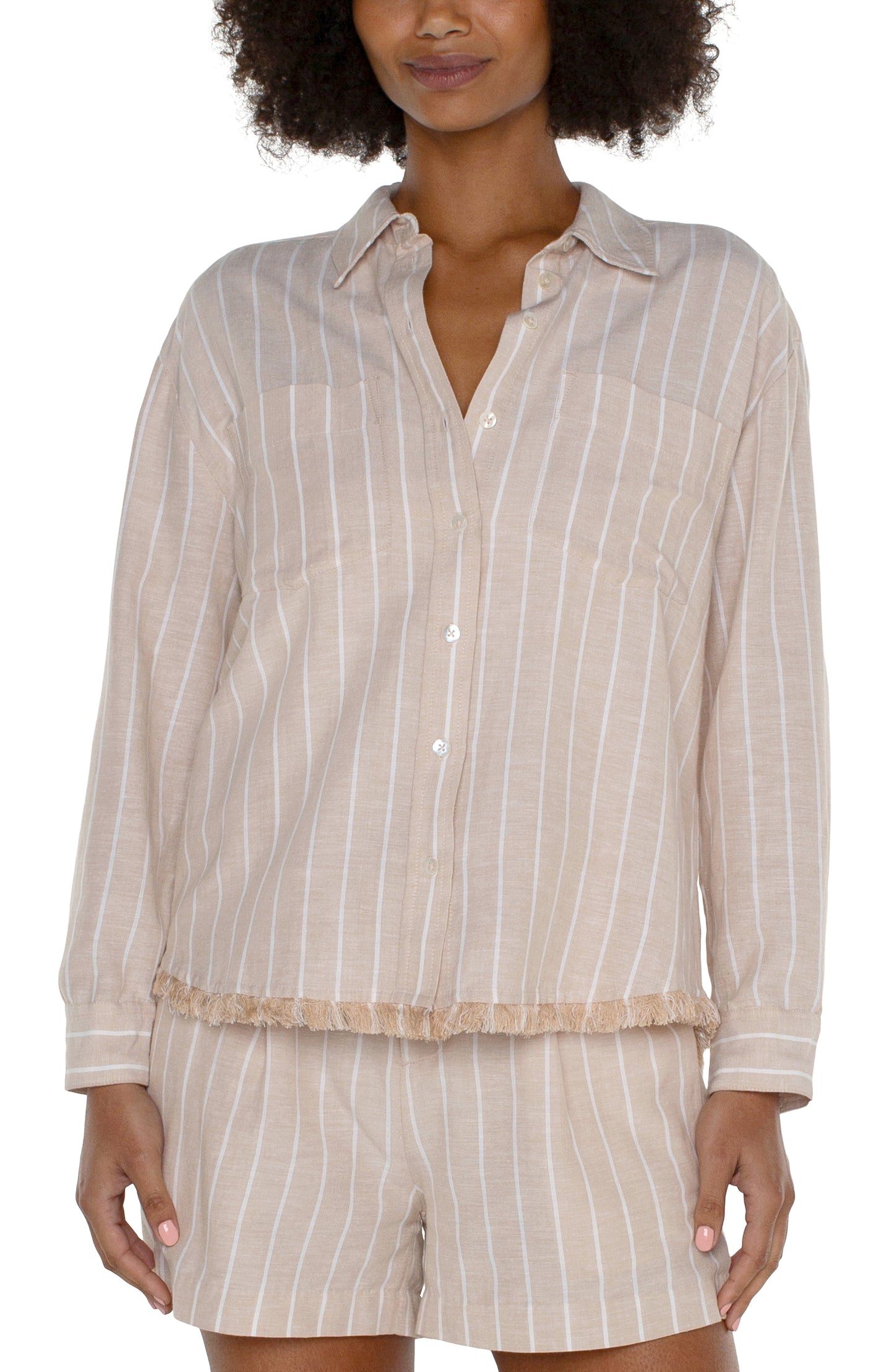 Liverpool Cropped Button Front Shirt with Fray (Tan with Stripe)