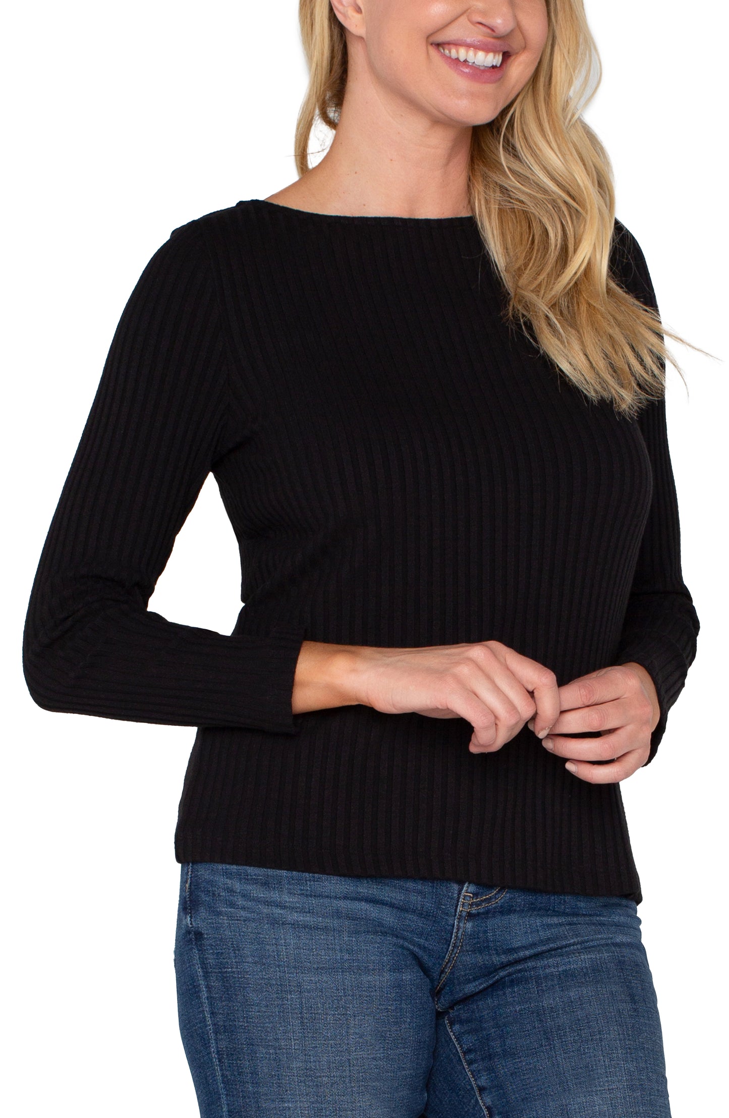 Liverpool Long Sleeve Boat Neck Knit Top (Black)