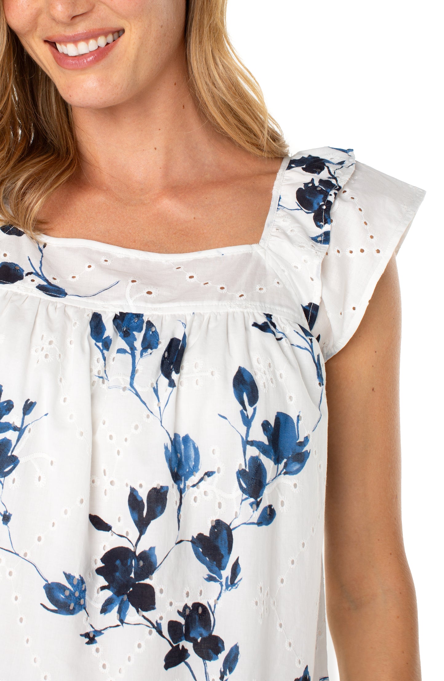 Liverpool Short Sleeve Square Neck Woven Blouse (Indigo Rose)