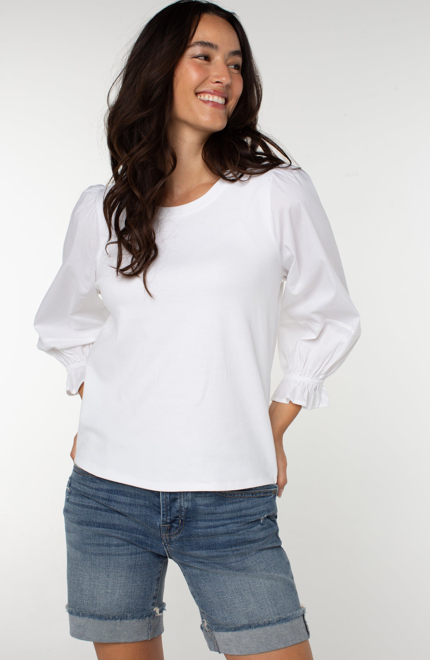 Liverpool 3/4 Blouson Sleeve Knit Woven Top (White/Cream)