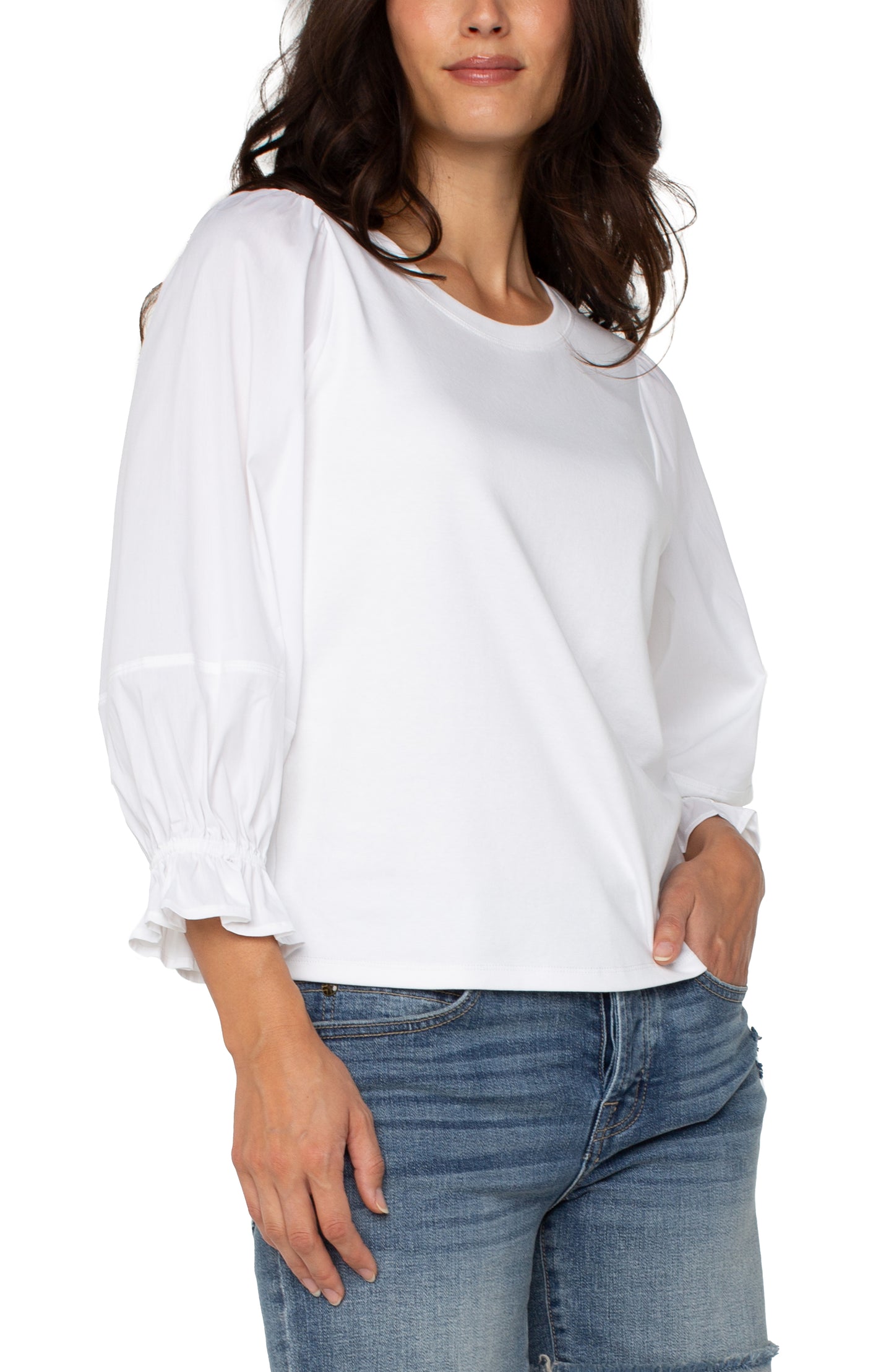 Liverpool 3/4 Blouson Sleeve Knit Woven Top (White/Cream)