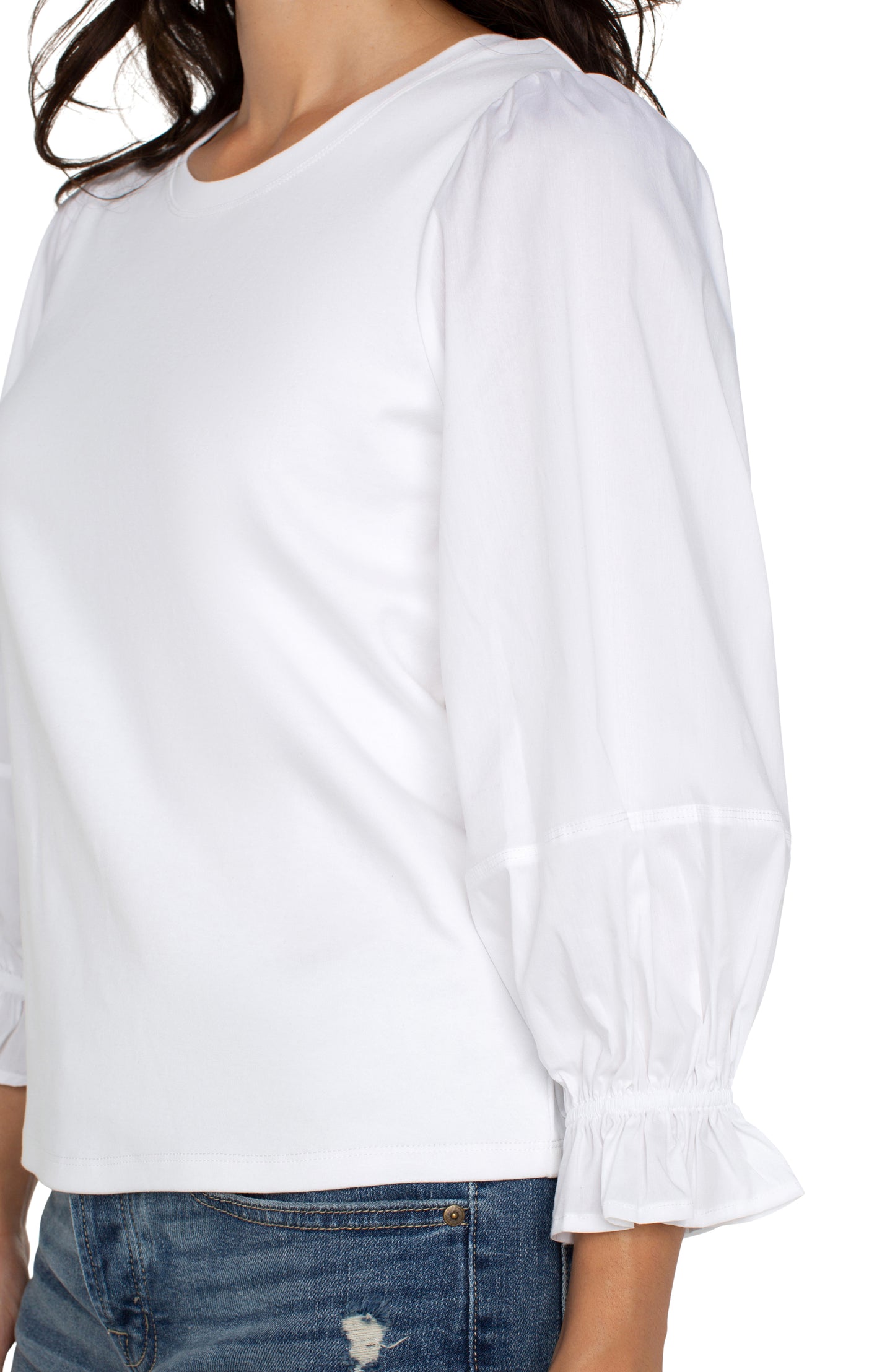 Liverpool 3/4 Blouson Sleeve Knit Woven Top (White/Cream)
