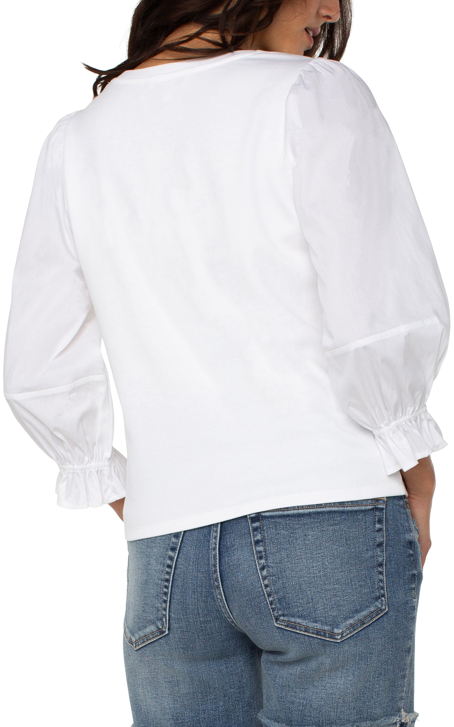 Liverpool 3/4 Blouson Sleeve Knit Woven Top (White/Cream)