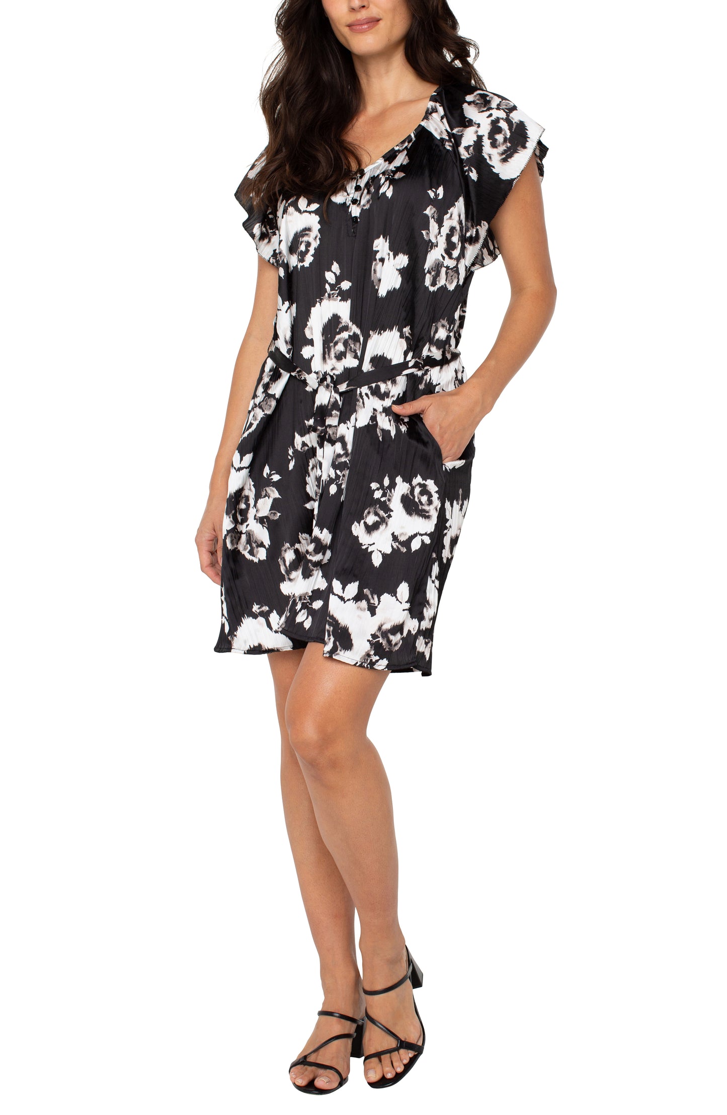 Liverpool Flutter Sleeve Raglan Woven Dress Hand in Pocket