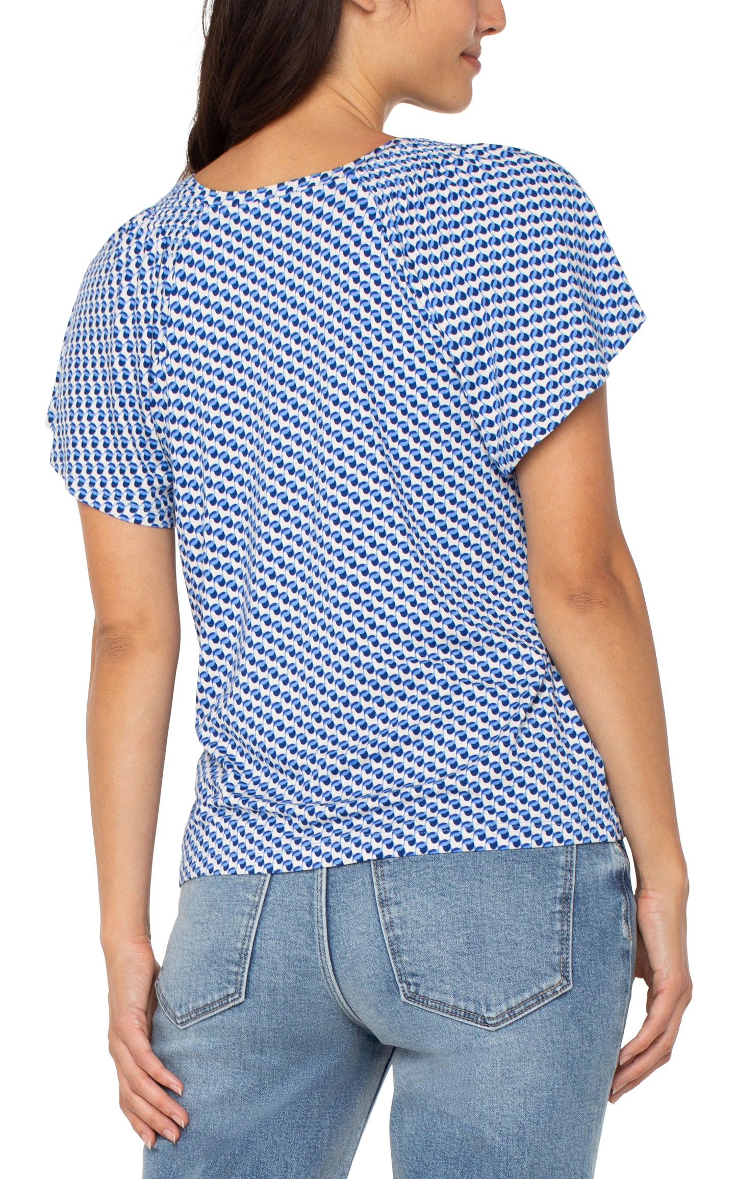 Liverpool Short Flutter Sleeve V Neck Knit Top (Blue Geo)