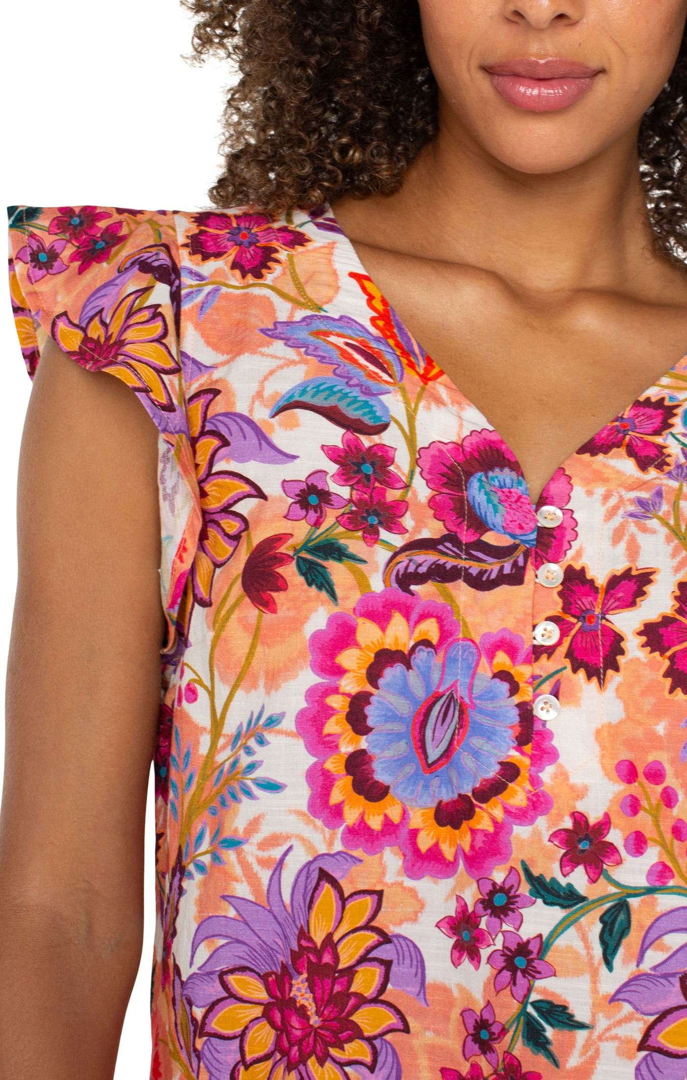Liverpool Flutter Sleeve Button Front Woven Blouse (Floral Multi)