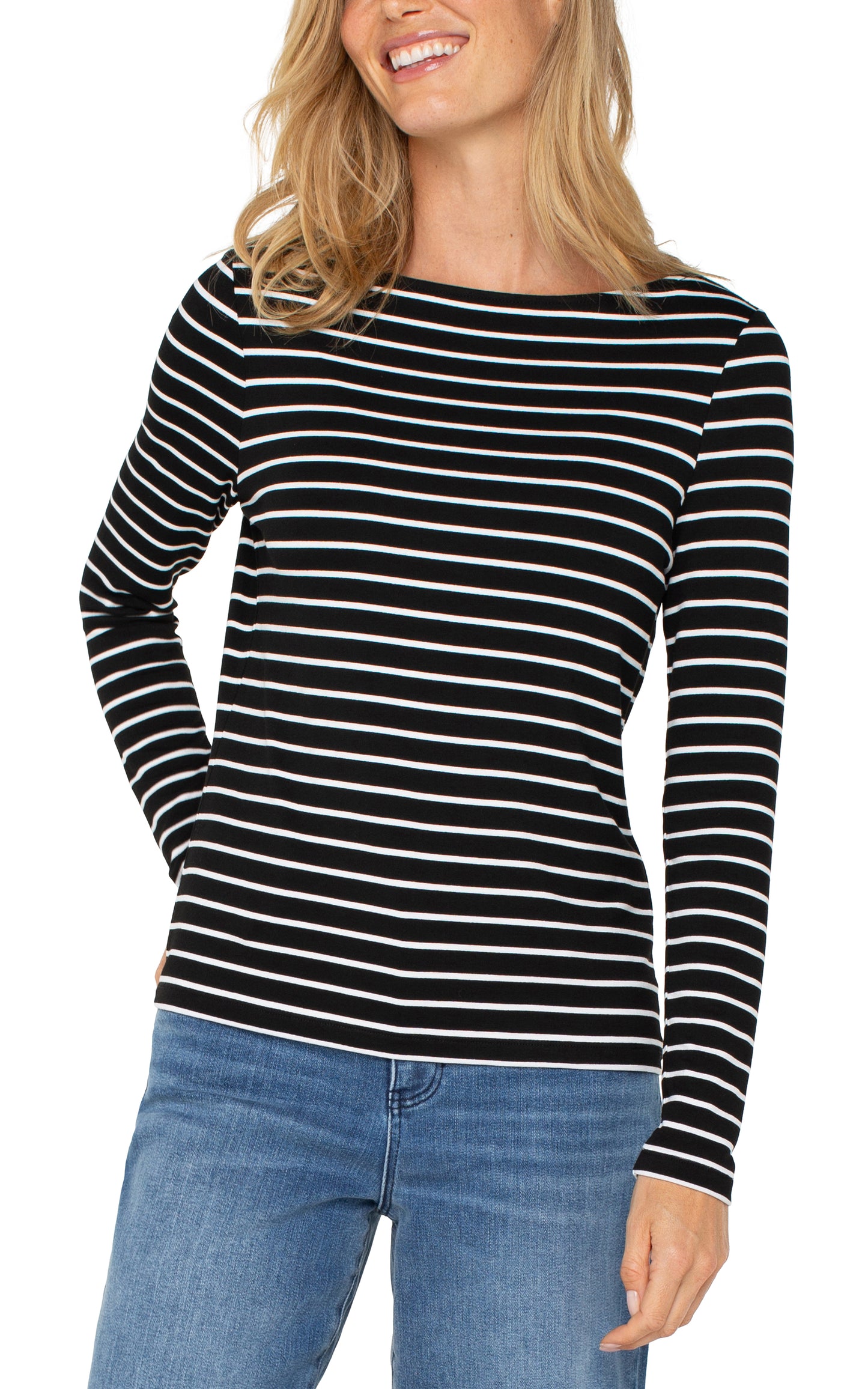 Liverpool Long Sleeve Boat Neck Knit Top (Black with White Stripe)