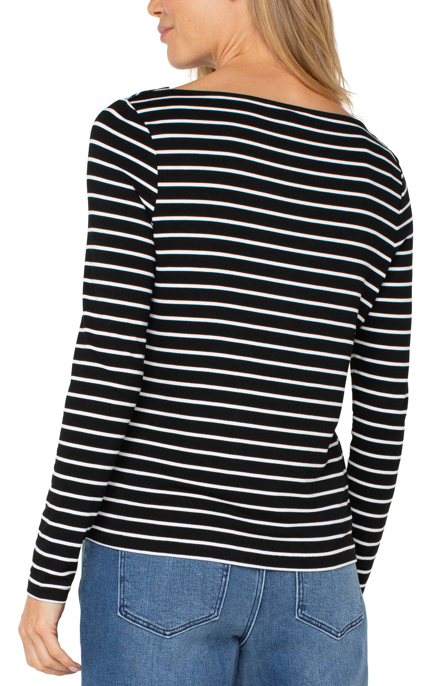 Liverpool Long Sleeve Boat Neck Knit Top (Black with White Stripe)