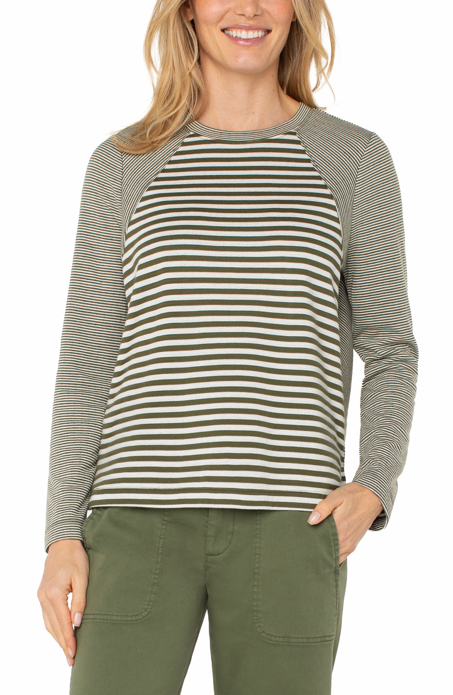Liverpool Long Sleeve Crew Neck Knit Top with Seaming (Frost Shadow/White Stripe)