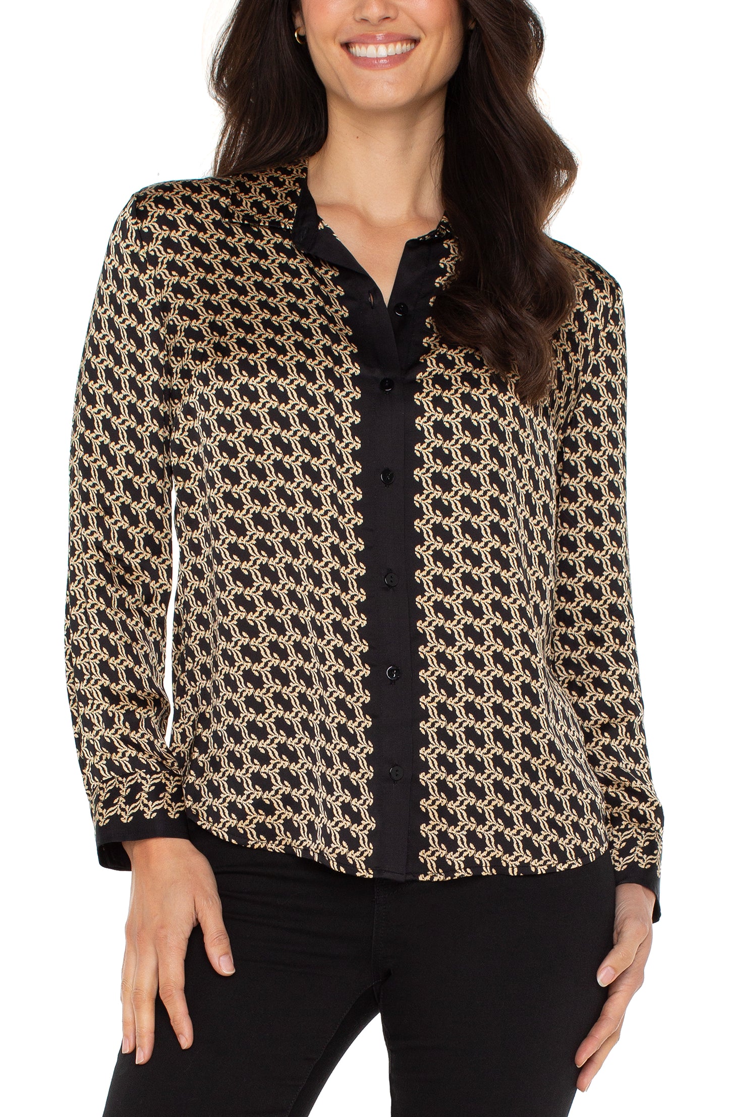 Liverpool Long Sleeve Button Front Woven Shirt (Black Gold Combo)