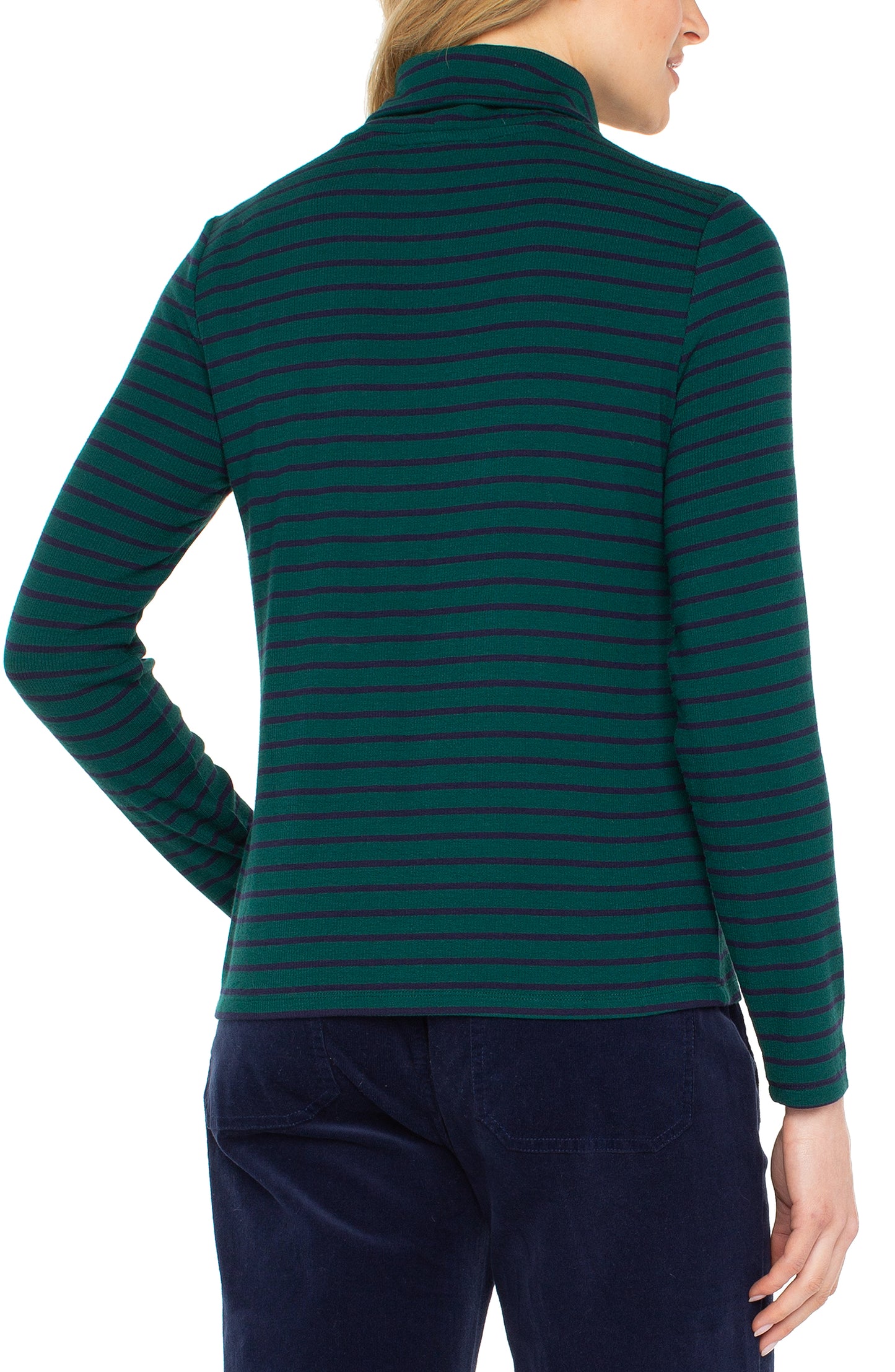 Liverpool Long Sleeve Turtleneck Knit Top (Emerald Navy Stripe)