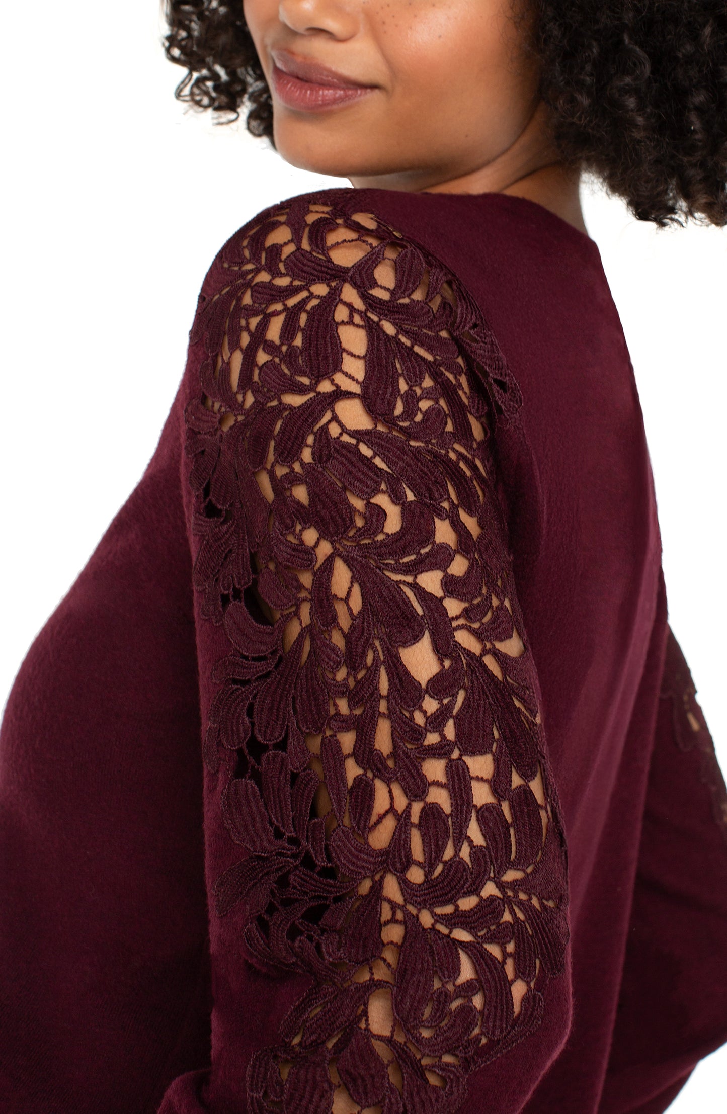 Liverpool Long Sleeve Crew Neck Lace Inset Knit Top (Burgundy)