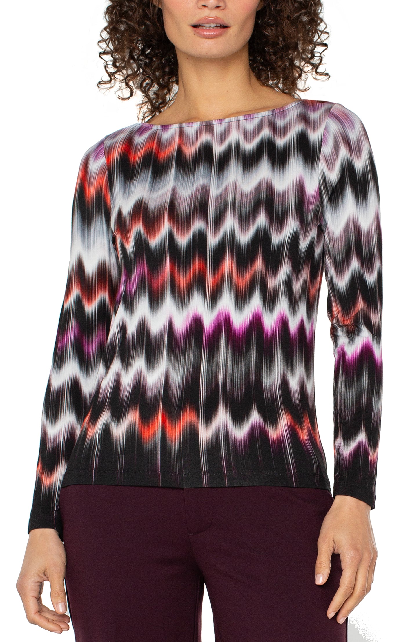 Liverpool Long Sleeve Boat Neck Knit Top (Multi Wavy Stripe)