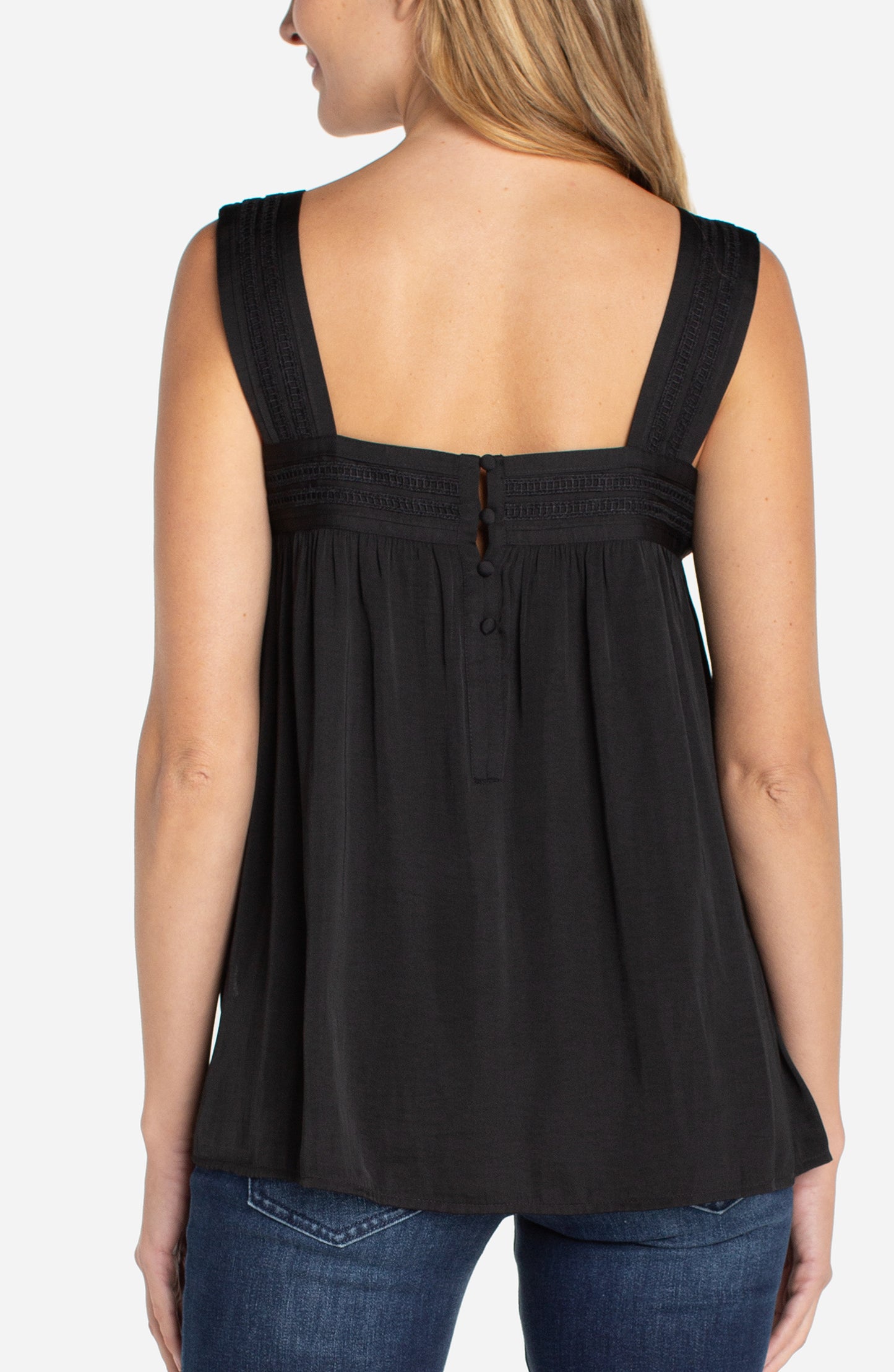 Liverpool Sleeveless Woven Top W/ Pintuck Straps
