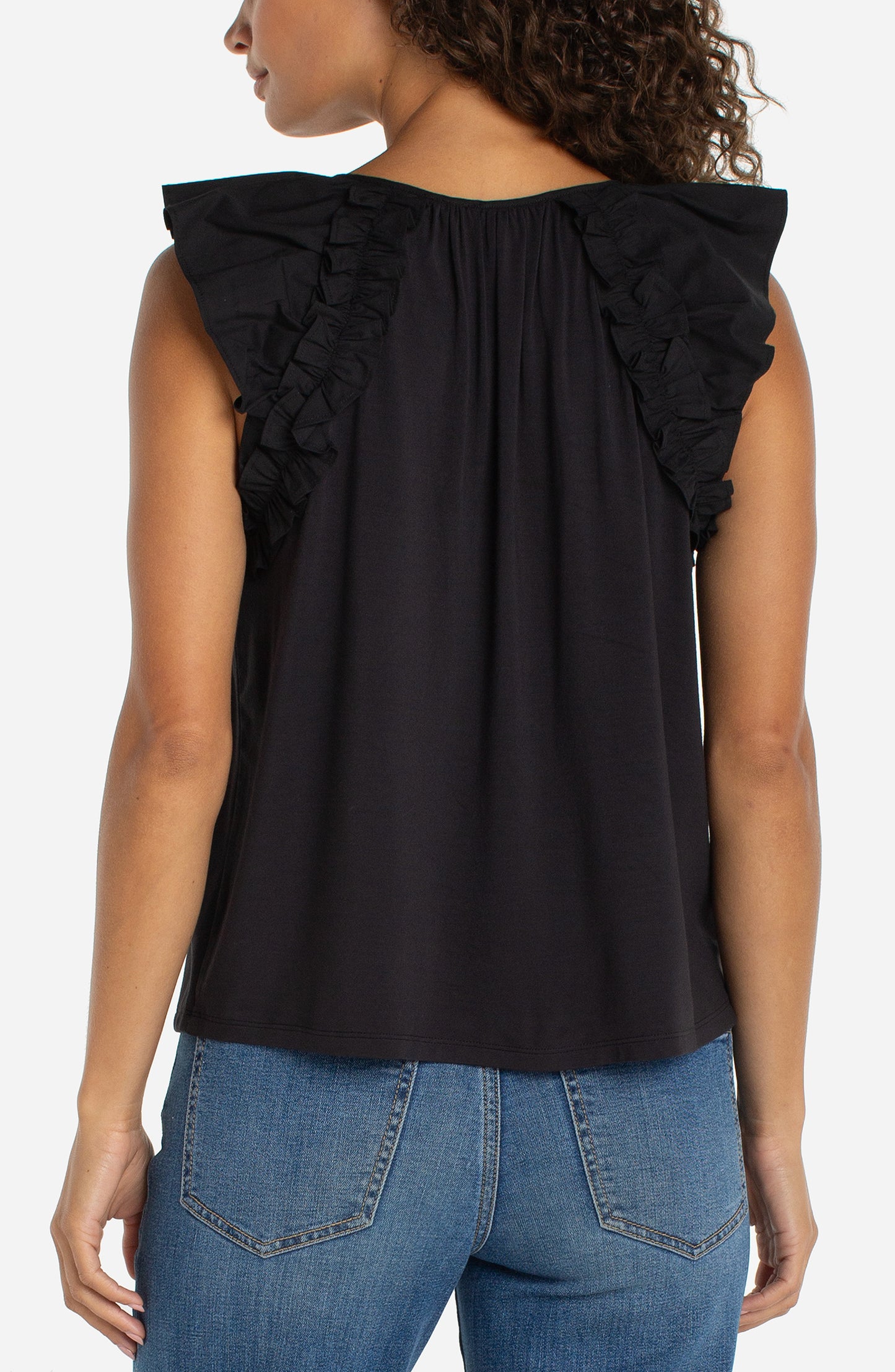 Liverpool Flutter Sleeve Knit-To-Woven Top W/ Ties
