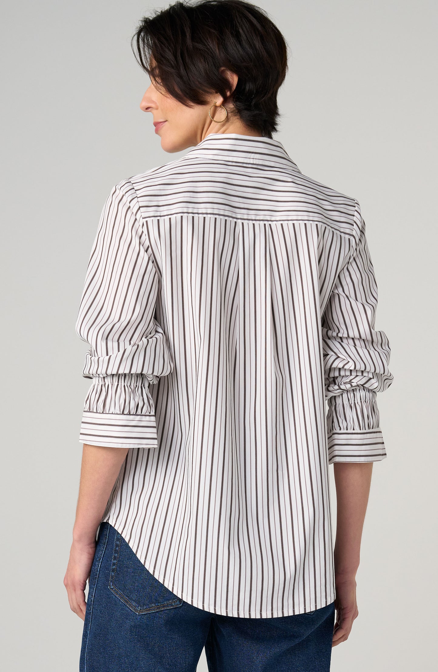 Liverpool Adjustable Sleeve Button Front Woven Top (Cream w/ Dark Espresso Stripe)