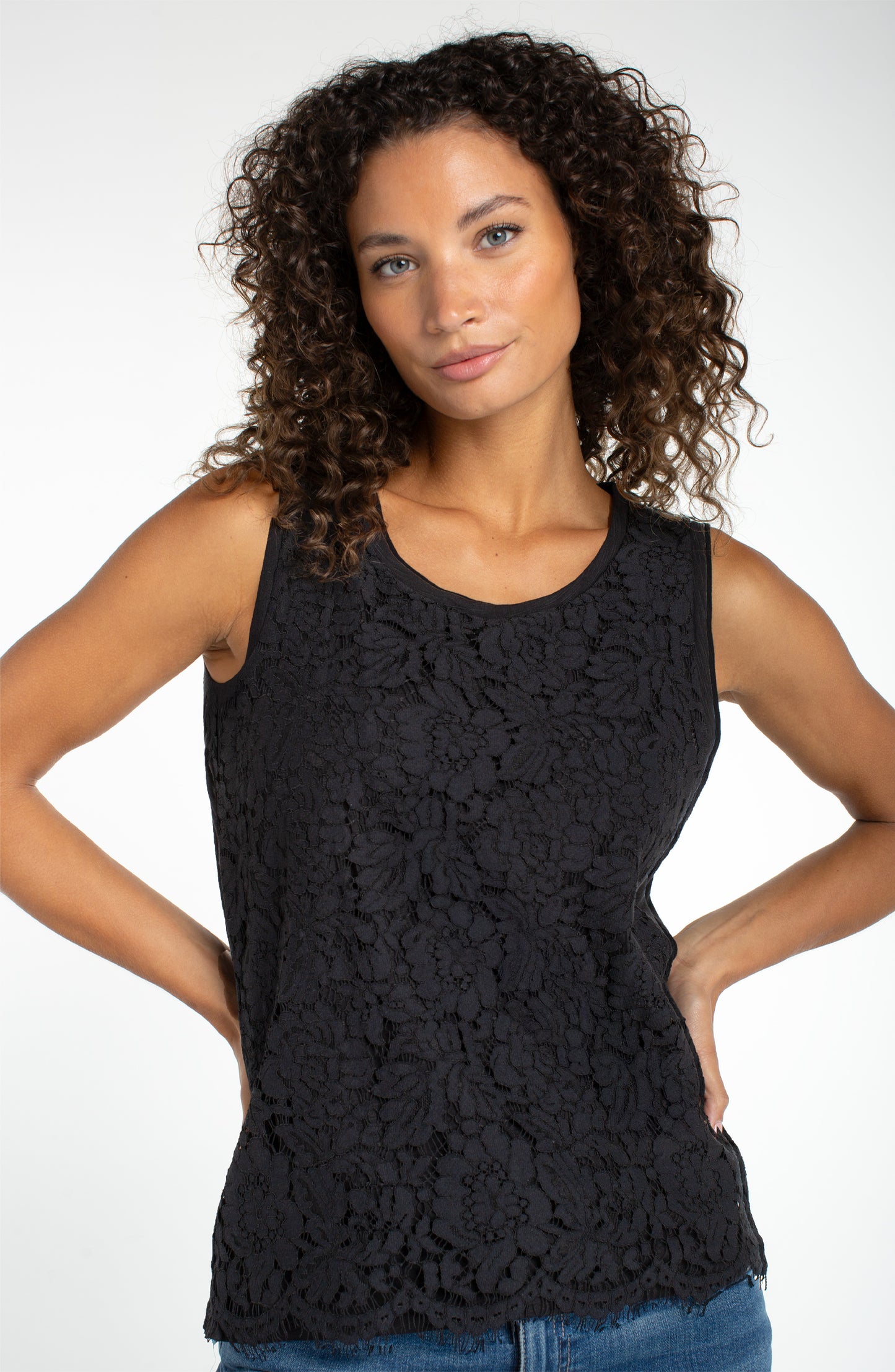 Liverpool Sleeveless Lace-to-Knit Hybrid Top (Black)