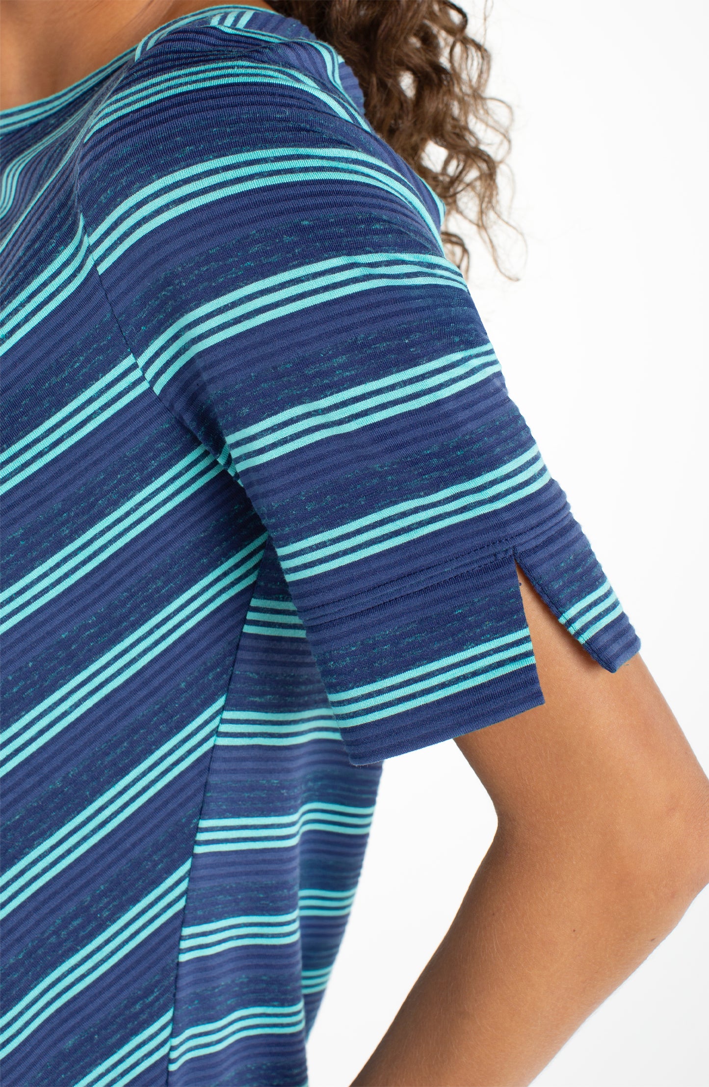 Liverpool 1/2 Sleeve Fold Over Boat Neck Knit Top (Navy Teal Stripe)