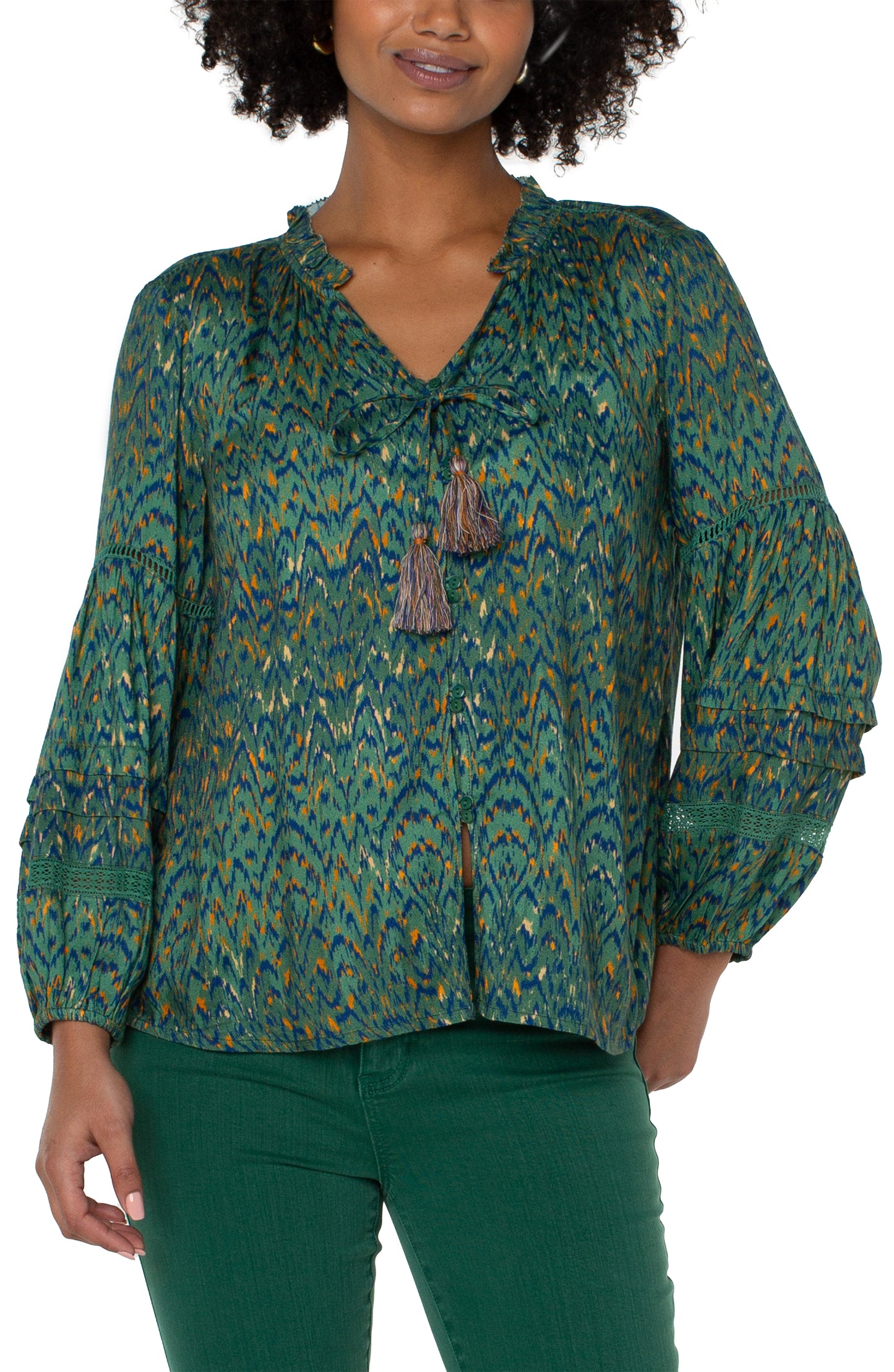 Liverpool Long Sleeve Popover Shirred Blouse (Emerald Ikat)