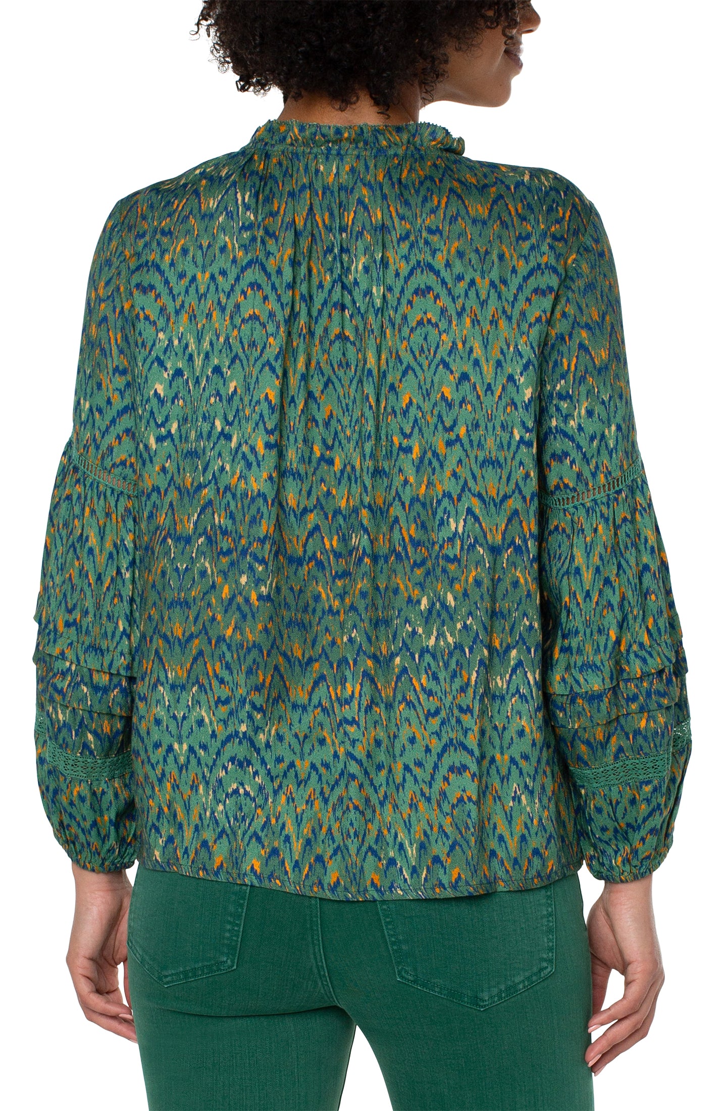 Liverpool Long Sleeve Popover Shirred Blouse (Emerald Ikat)