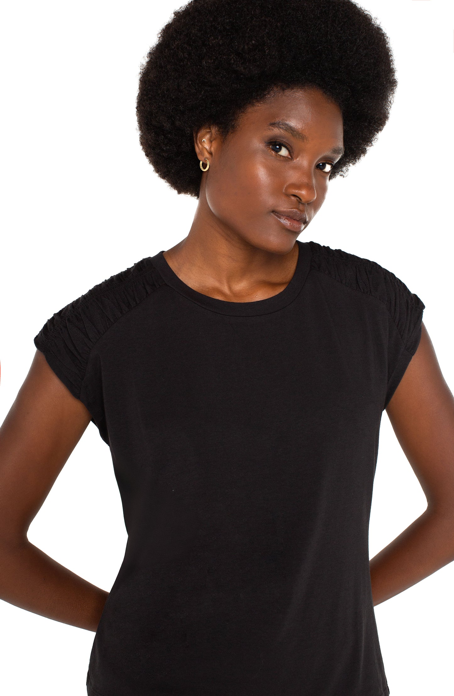 Liverpool Smocked Shoulder Scoop Neck Raglan Knit Top (Black)