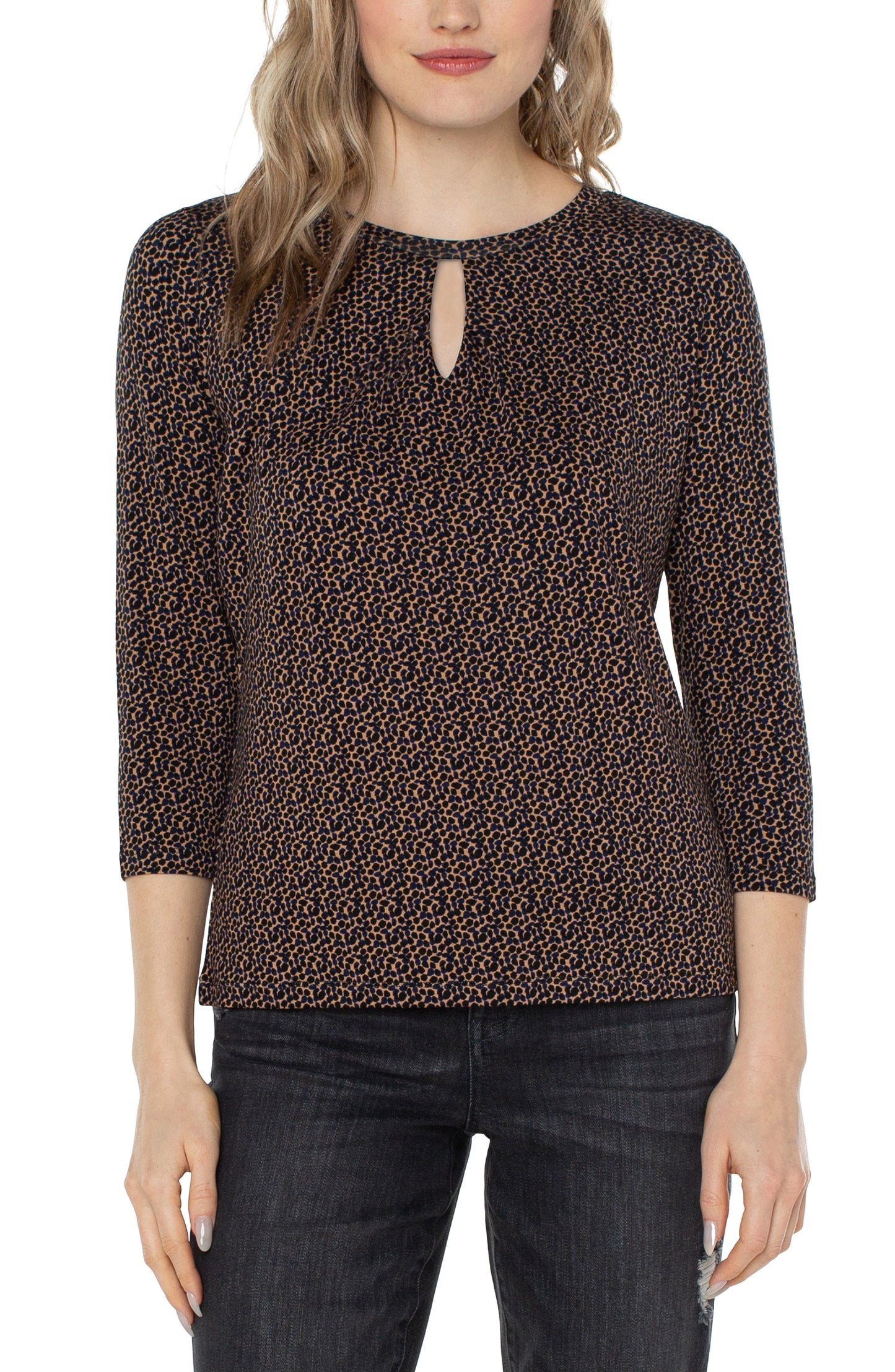 Liverpool 3/4 Sleeve Crew Neck w/Cut Out Pleated Front (mp mcr pb a/o) (available in plus size)