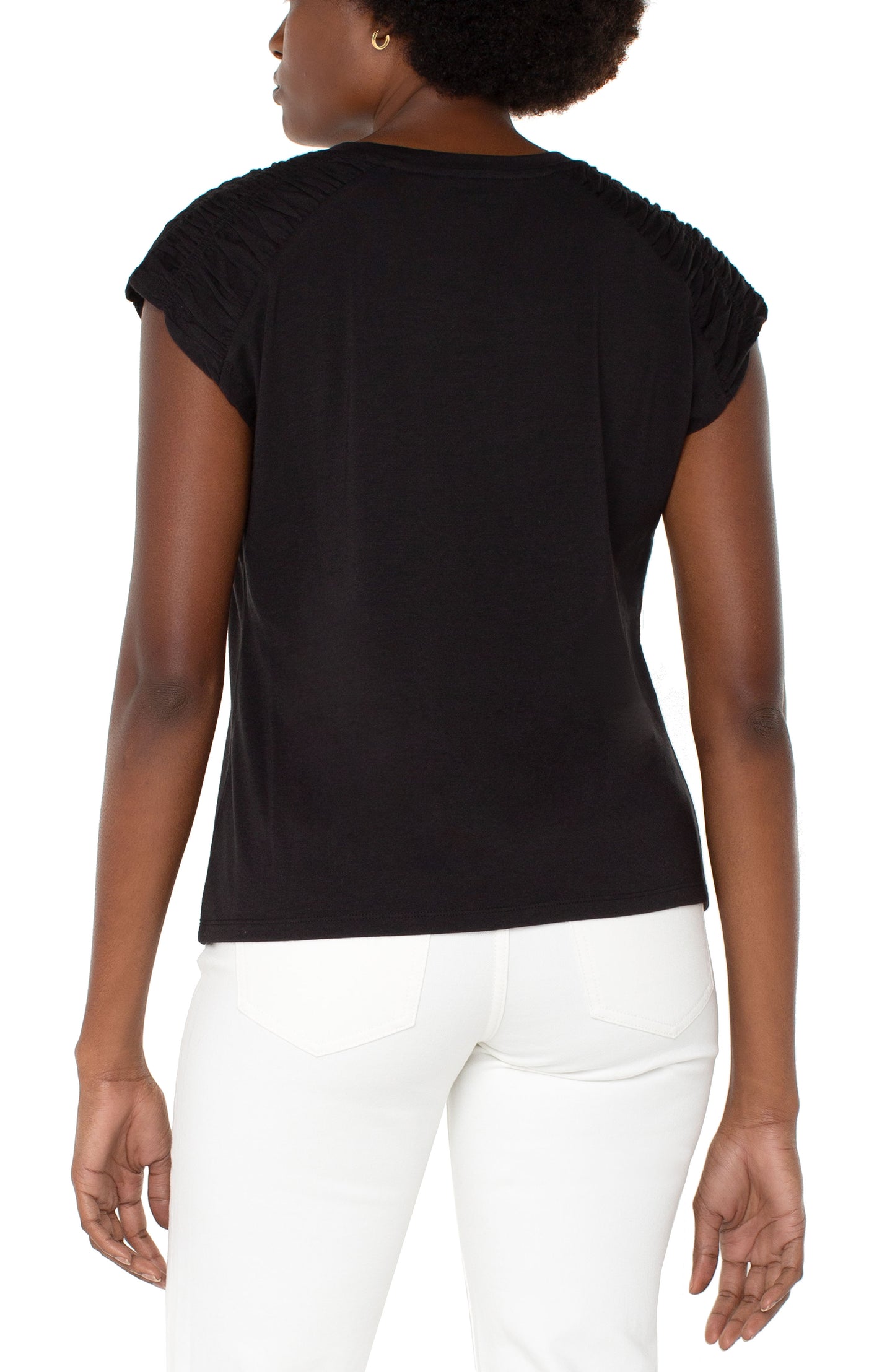 Liverpool Smocked Shoulder Scoop Neck Raglan Knit Top (Black)