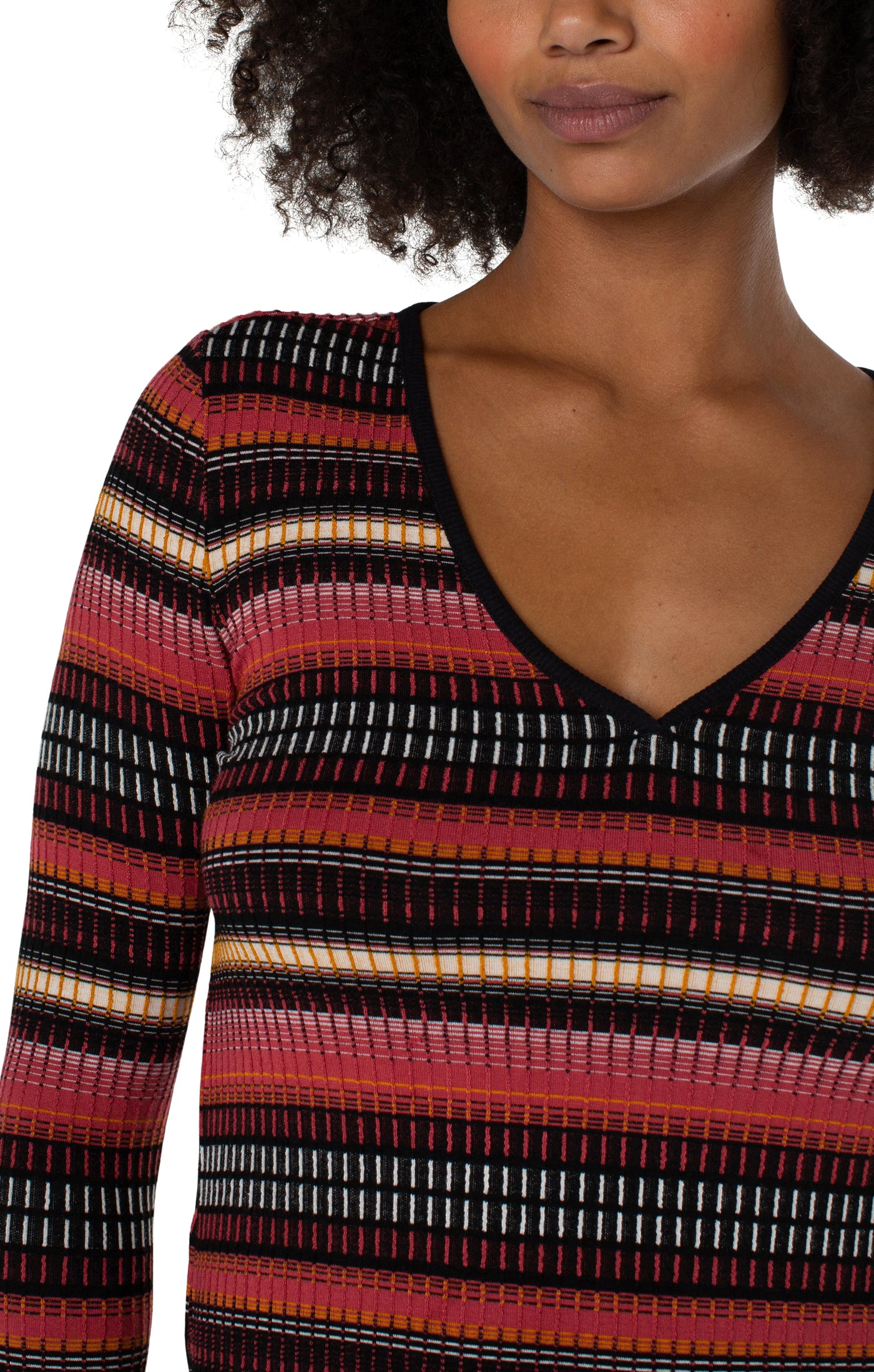 Liverpool 3/4 Sleeve V Neck Knit Top w/Contrast (multi color abstract stripe)