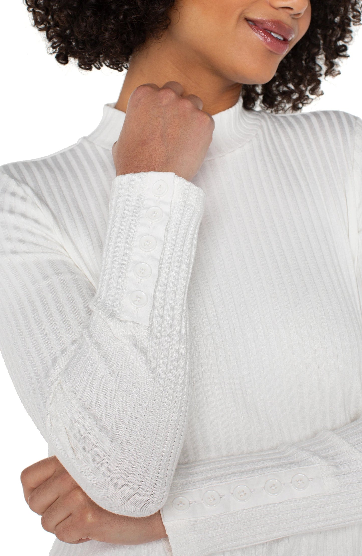 Liverpool Long Sleeve Mock Neck Knit Top W/ Button Detail (Snow)