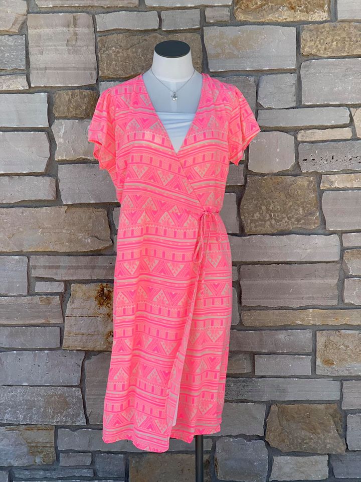 Printed dress v-neck wrapped front & side waist tie