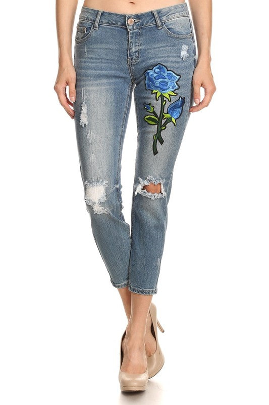 Floral M Blue skinny jeans/capri