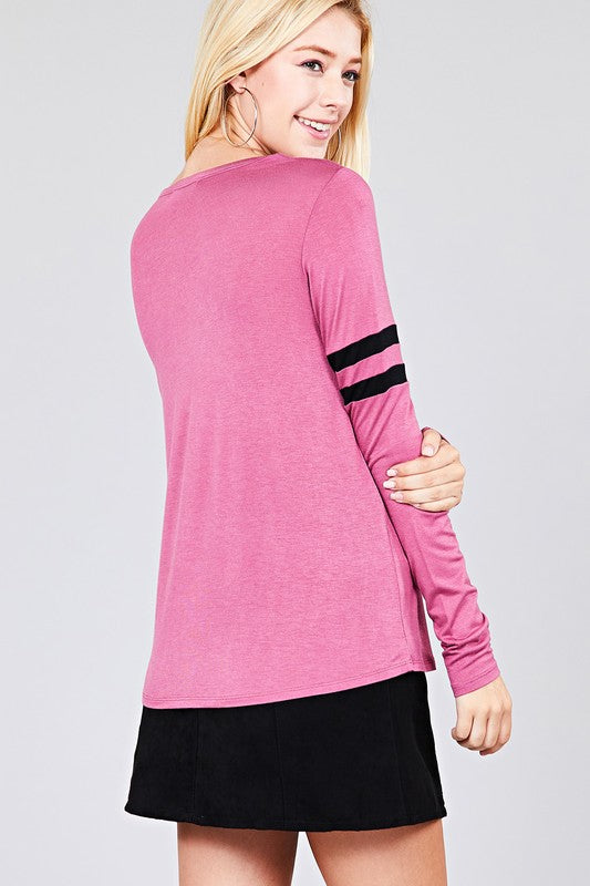 Long Sleeve w/Dbl Stripe V-Neck Basic Tee