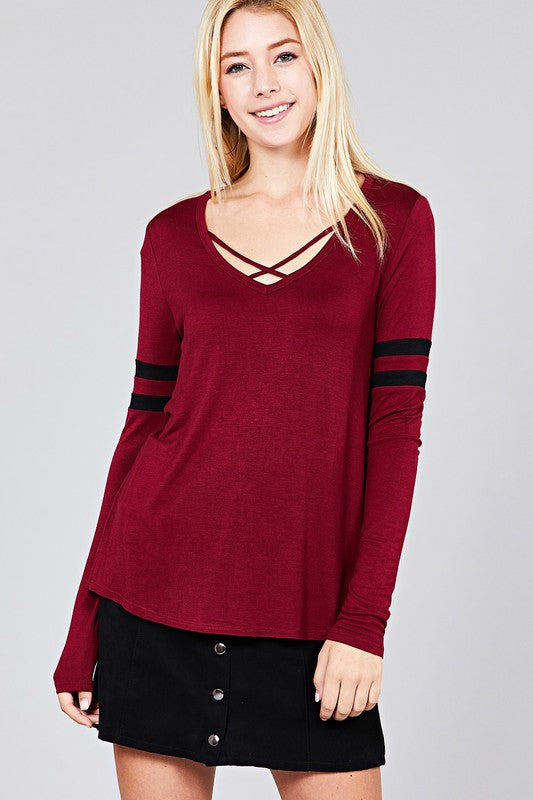 Long Sleeve w/Dbl Stripe V-Neck Basic Tee
