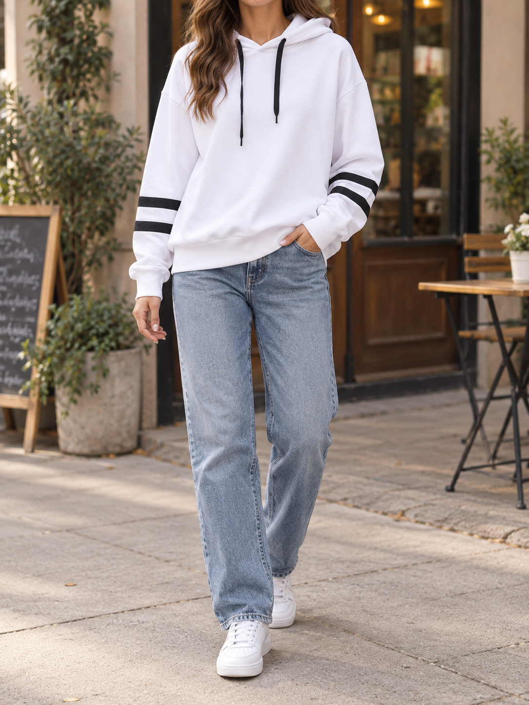 Striped Sleeve Hoodie Pullover