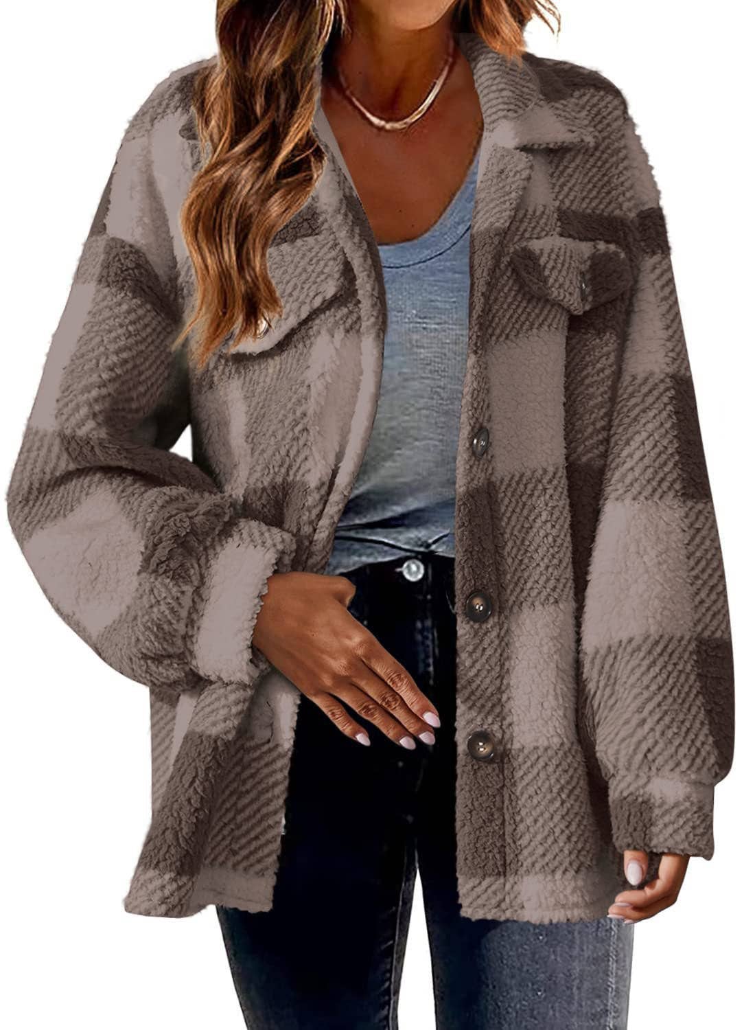 Plaid Sherpa Shacket Jacket Pockets
