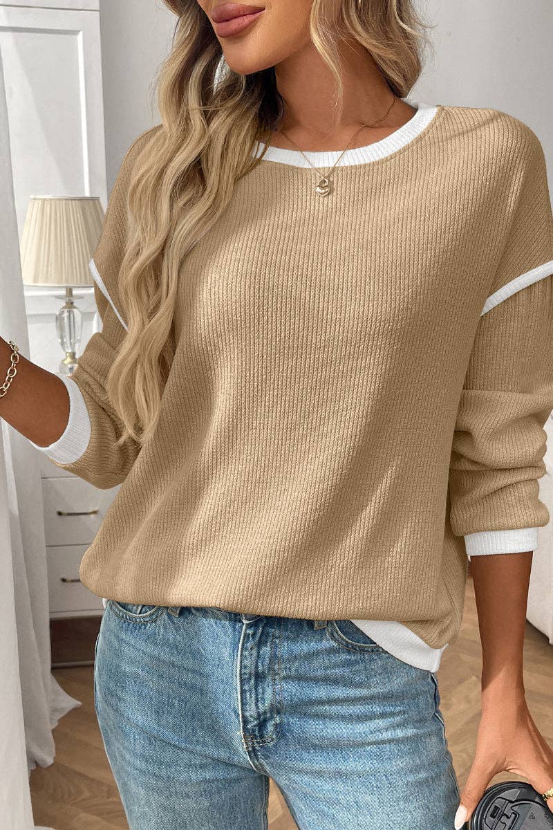 Colorblock Crewneck Knit Look Long Sleeve Pullover Top (Dark Blue)